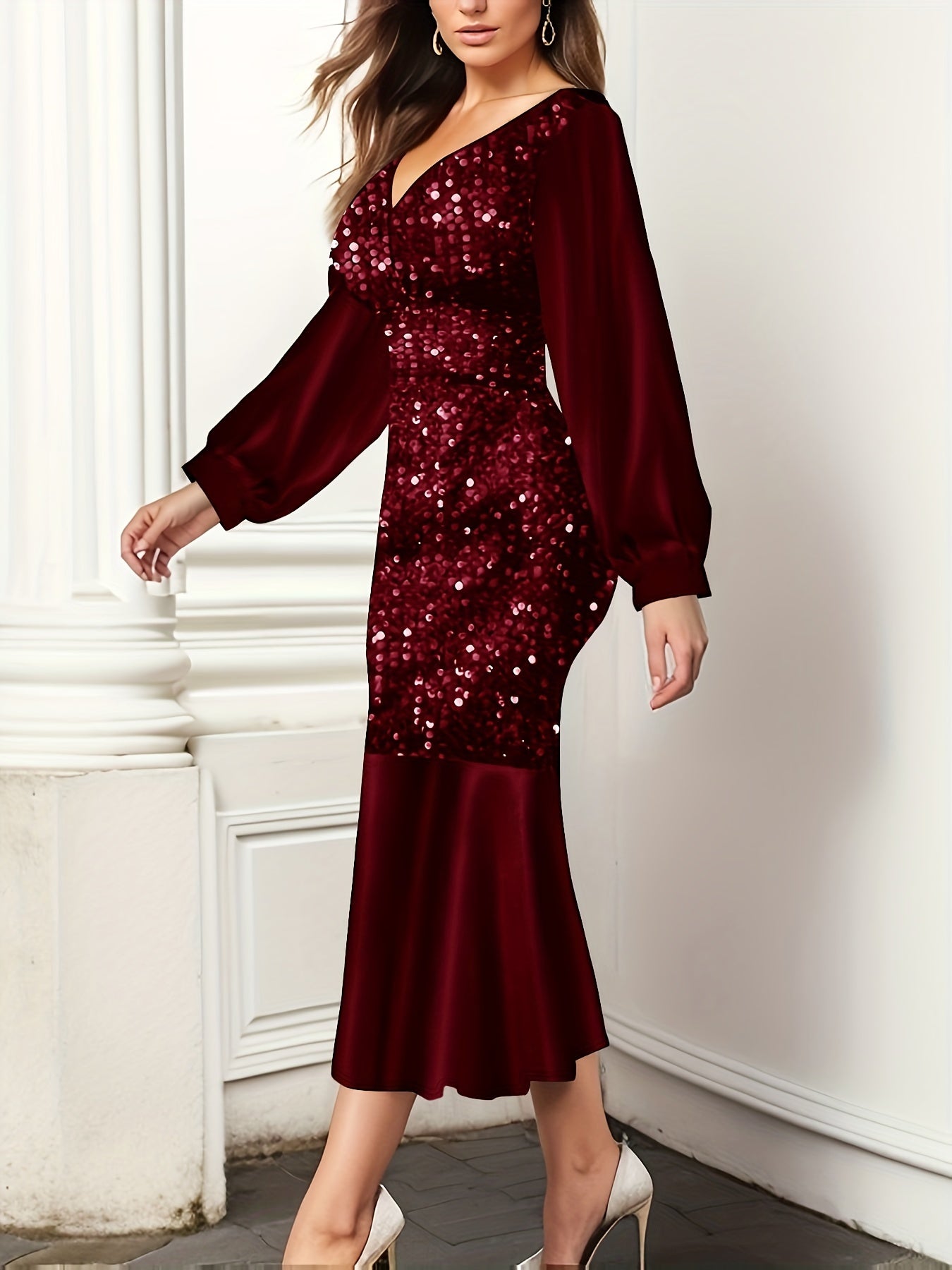 Vibrant Sequined Bodycon Mermaid Hem Dress - Elegant V Neck, Long Sleeve, Polyester, Solid Color, No Elasticity, Perfect for Party & Banquet - Womens Spring/Fall Clothing
