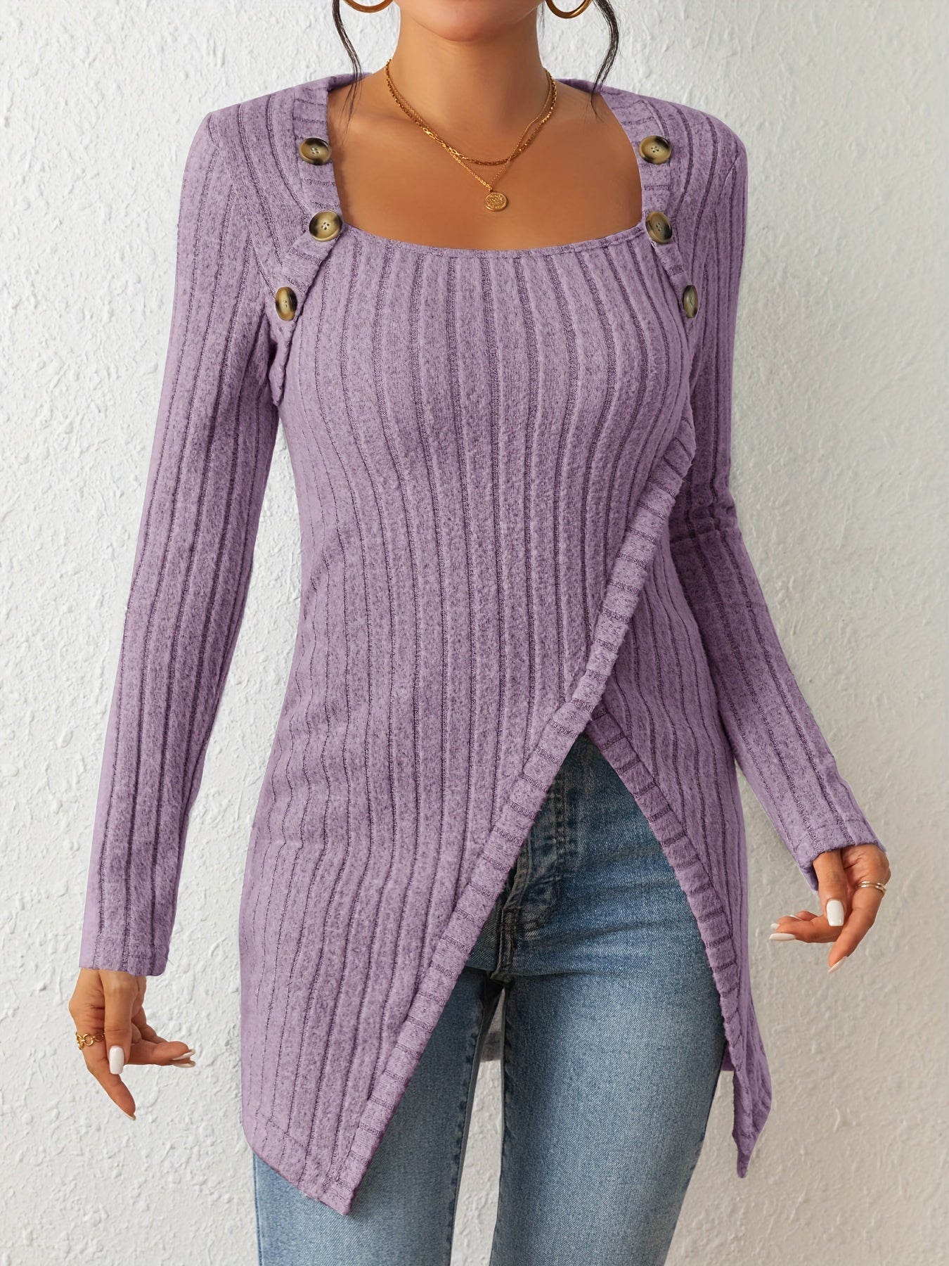 Button Decor Asymmetrical Hem T-Shirt, Casual Ribbed Long Sleeve Top For Spring & Fall, Women's Clothing