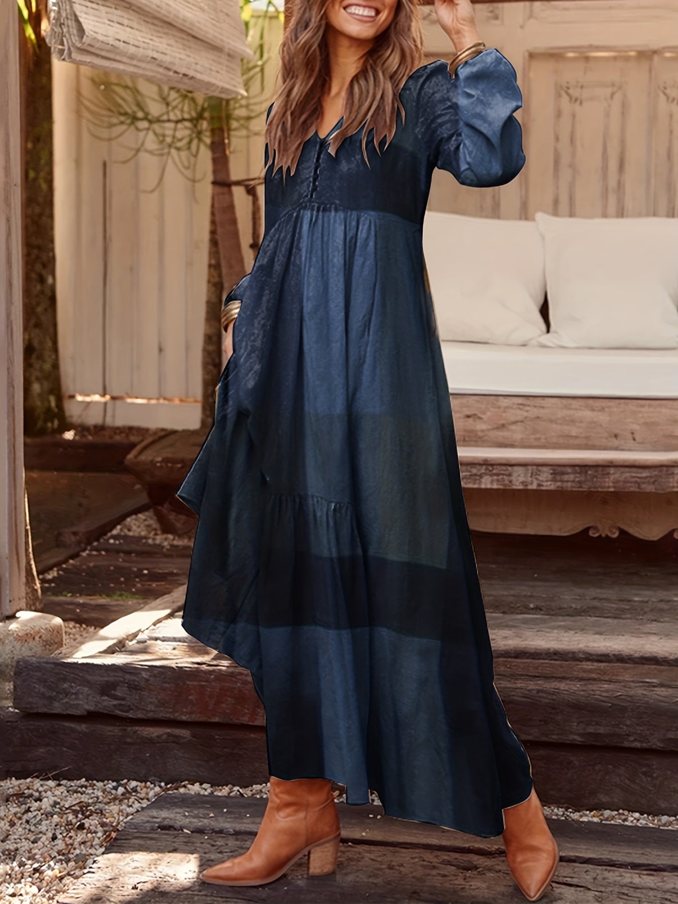 Patchwork Print Loose Dress, Boho V Neck Long Sleeve Dress, Women's Clothing
