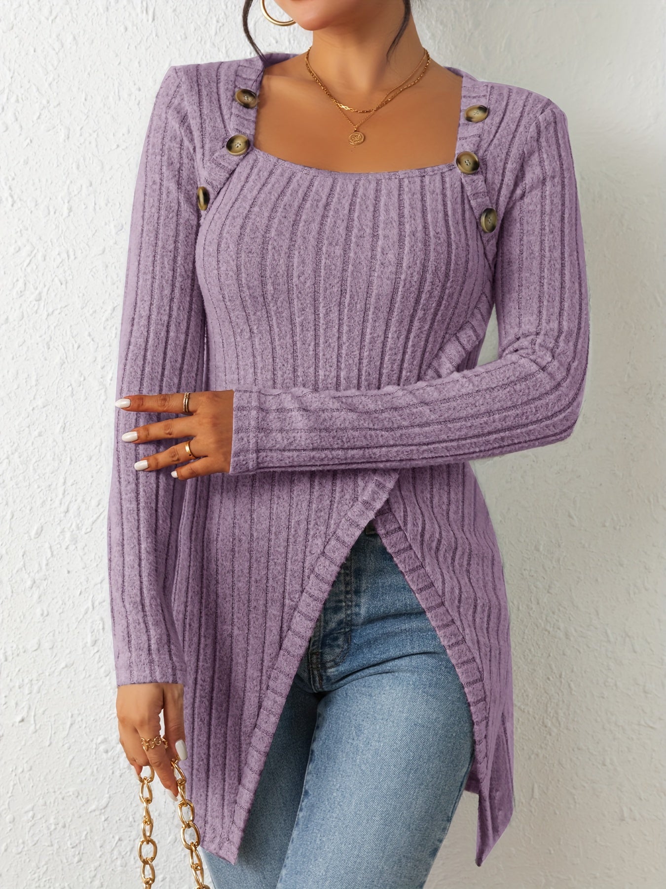 Button Decor Asymmetrical Hem T-Shirt, Casual Ribbed Long Sleeve Top For Spring & Fall, Women's Clothing