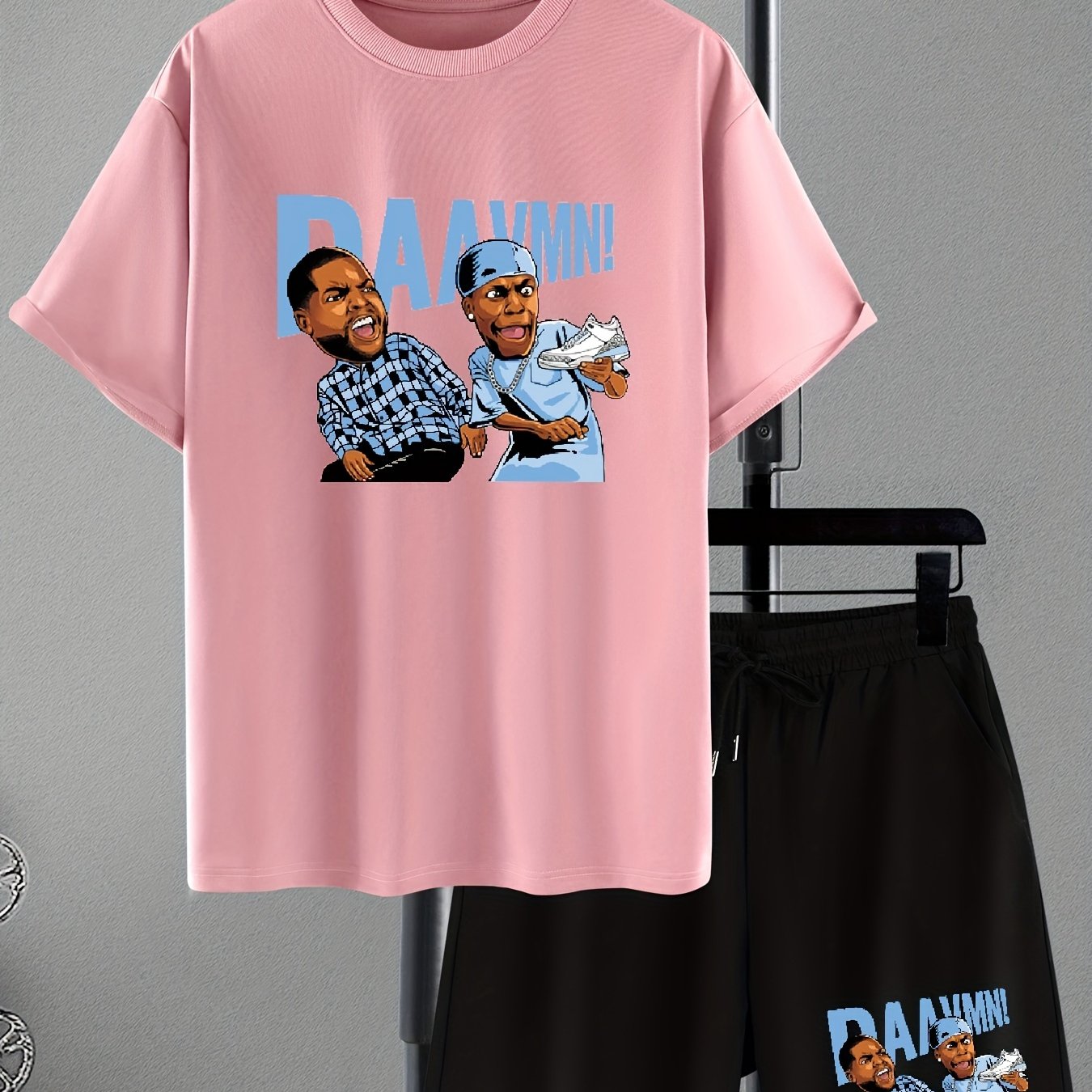 Men's Cartoon Letter Graphic Drop Shoulder Short Sleeve Crew Neck T-shirt & Drawstring Pockets Shorts Loungewear Set, Casual Fashion Skin-friendly And Comfortable Pajama Set, Plus Size
