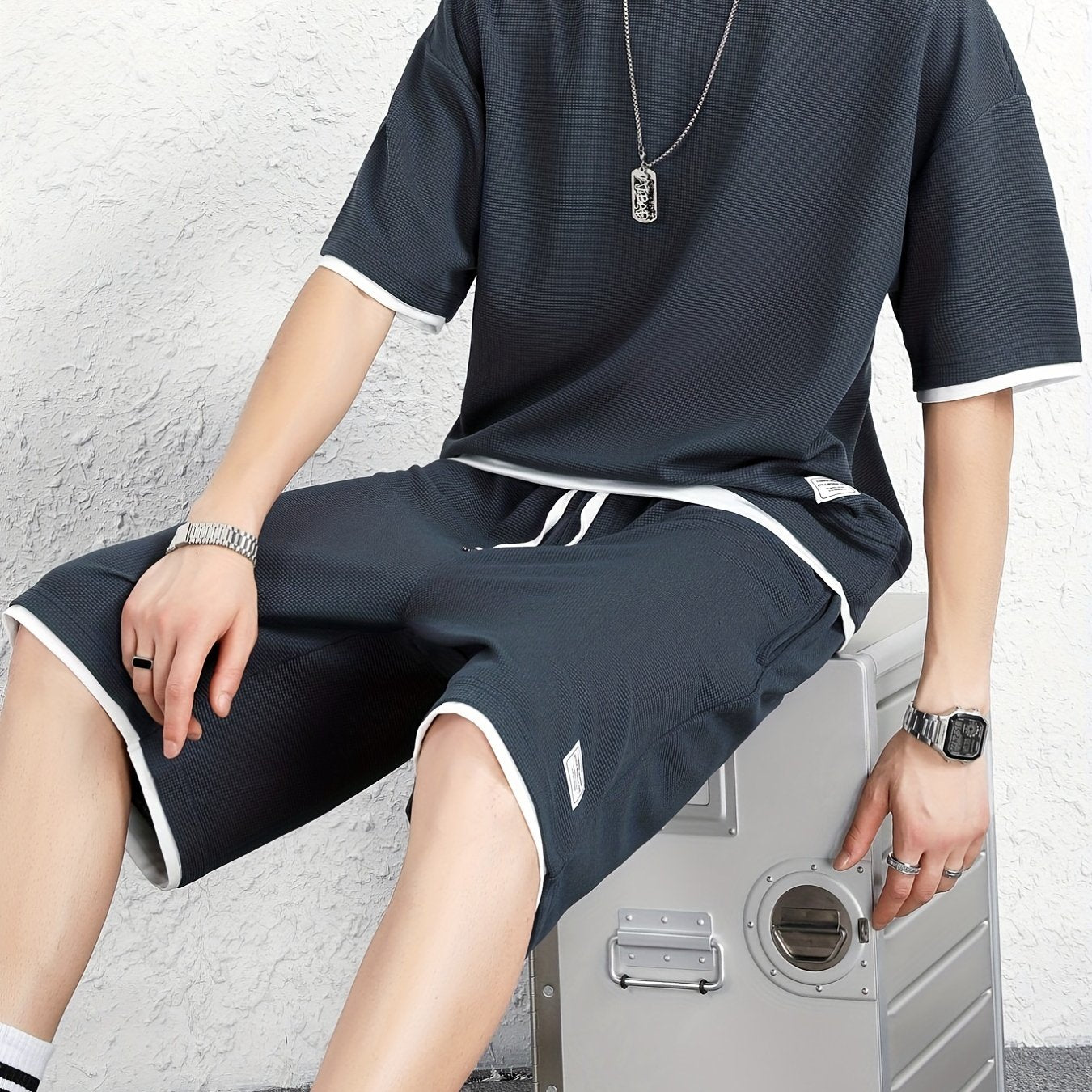 Men's 2 Piece Outfits, Solid Color, Faux Two-Piece Casual Graphic Crew Neck T-shirt And Loose Drawstring Shorts Set, Men’s Clothing
