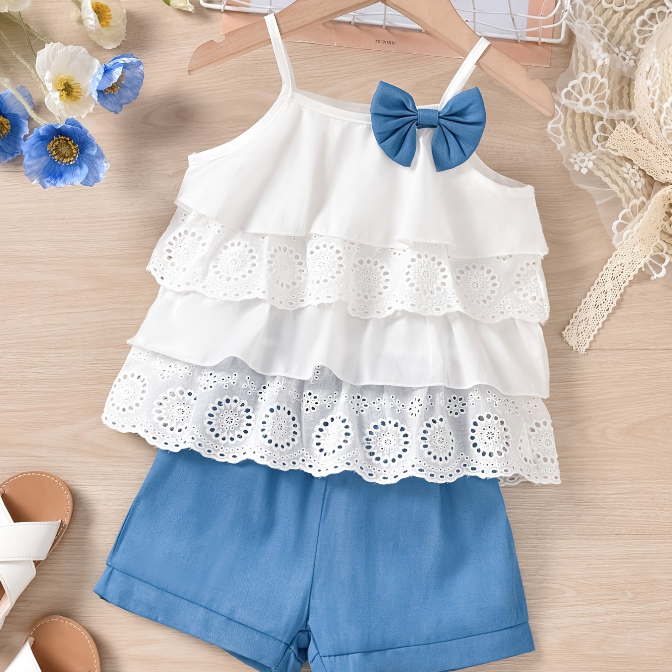 2pcs Ruffles Cami Top & Elastic Waist Plaid Shorts Set - Girls Summer Clothes with Flower Hollow Bow