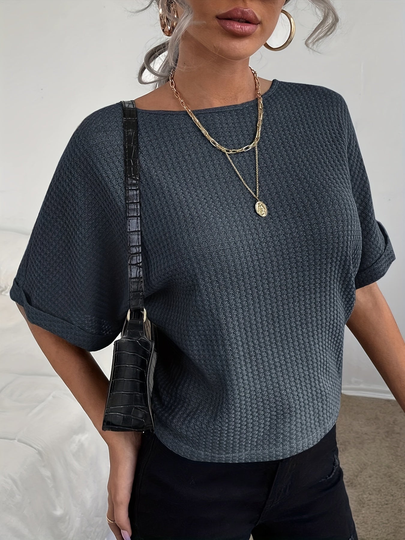 Lightweight Waffle Knit Tie-Back T-Shirt - Chic Casual Short Sleeve Top for Spring & Summer - Perfect Womens Fashion Essential