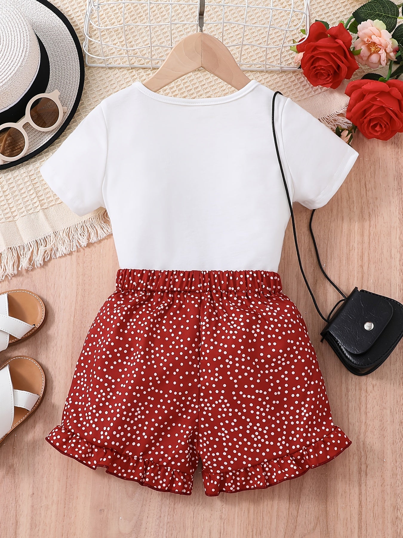 2pcs Girls Cute Cat Graphic Bow T-Shirts Round Neck Short Sleeve Tees Top & Elastic Waist Polka Dots Ruffled Hem Shorts Set Kids Summer Clothes