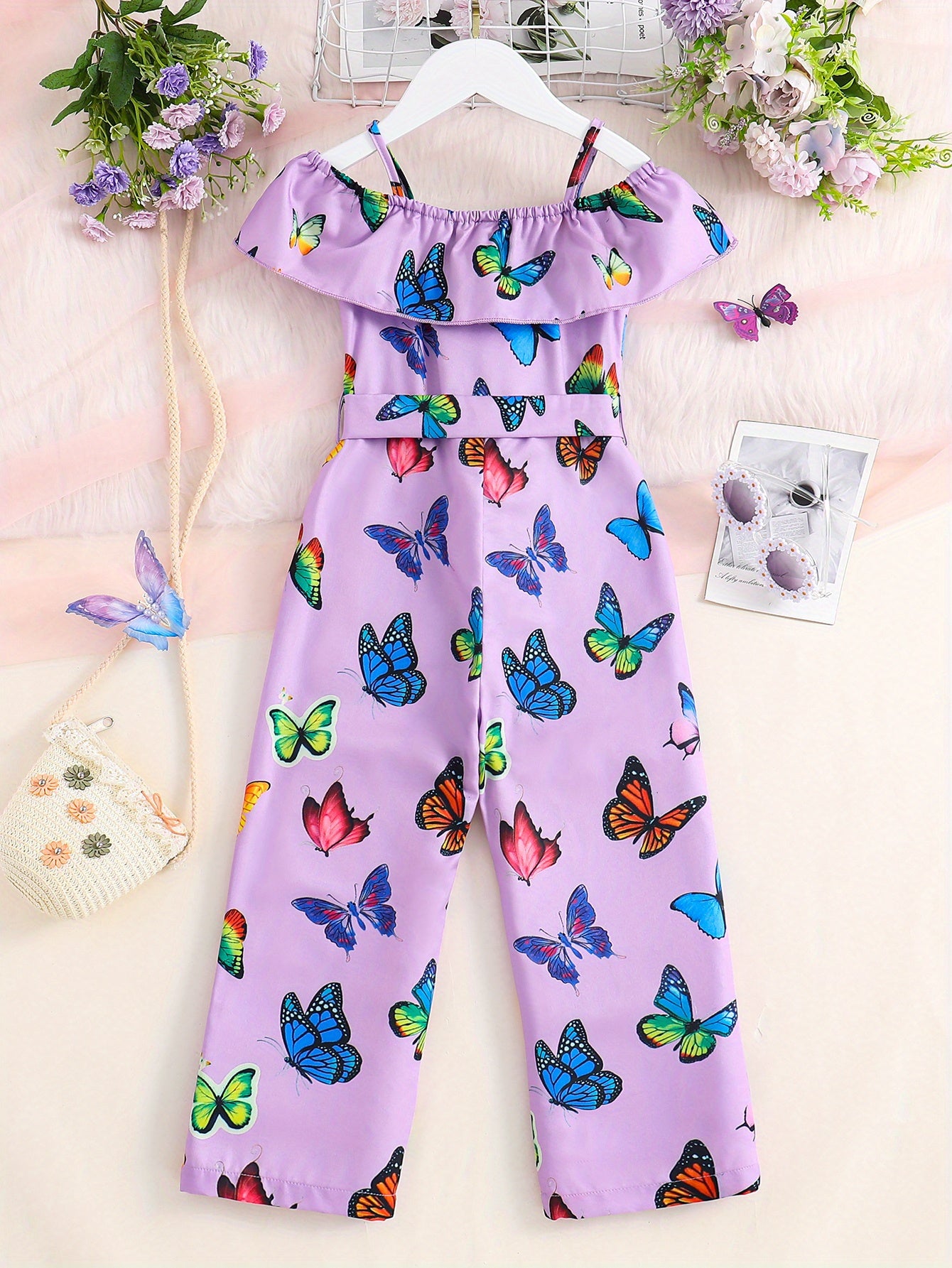 Trendy Girls' Butterfly Romper with Ruffles and Belt - Perfect for Summer!