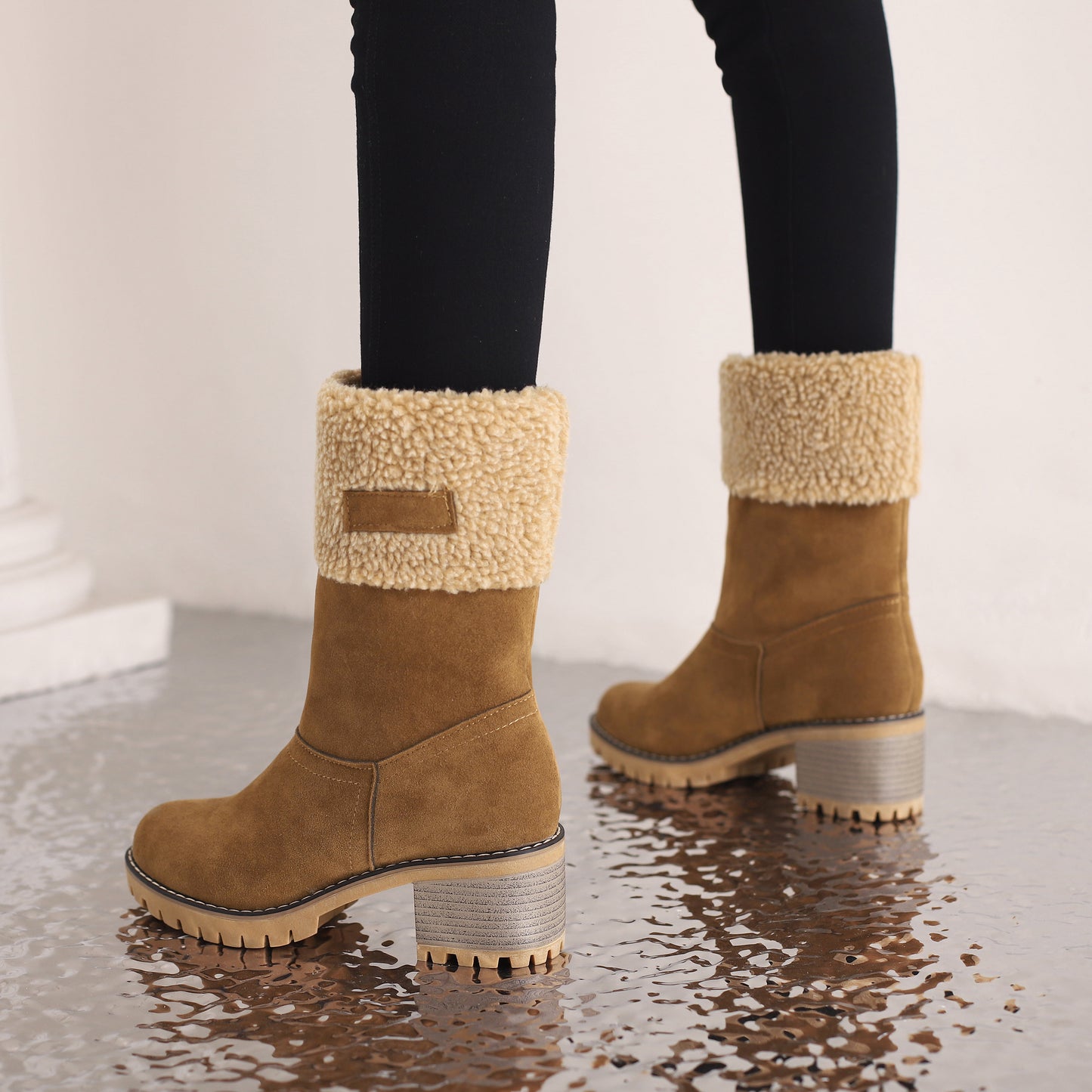Mid Calf Snow Boots for Women - Stacked Block Heel, Plush Round Toe, Thermal Insulation, Slip-On Design, Solid Color, Winter Warmth and Comfort Shoes