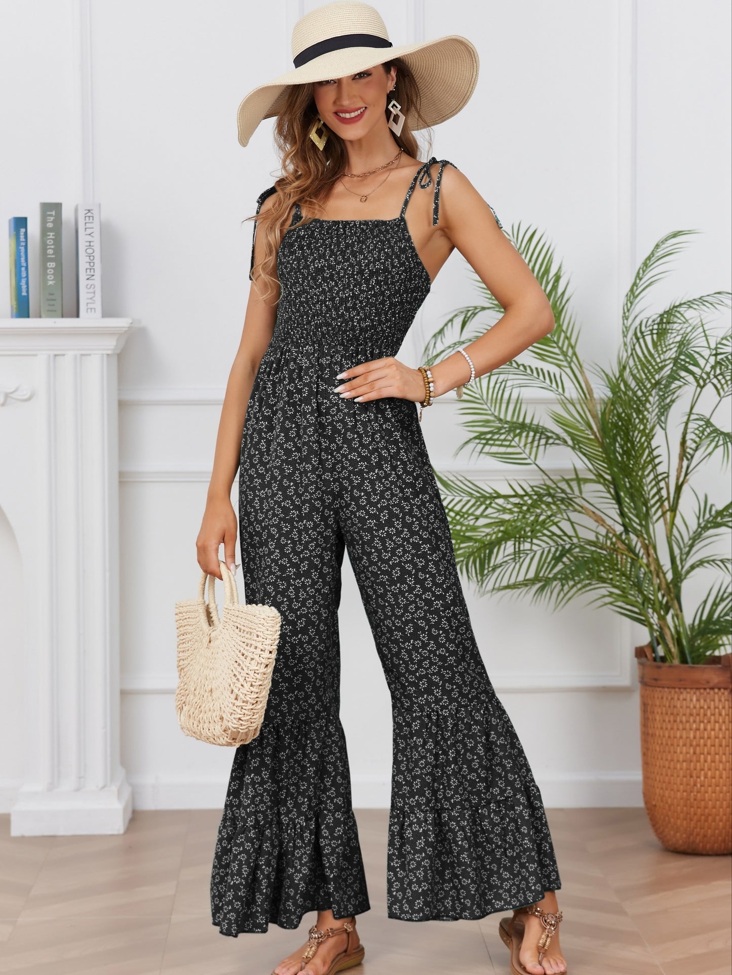 Bohemian Chic Ditsy Floral Print Jumpsuit - Lightweight & Breathable Sleeveless Spaghetti Strap Vacation Wear - Flared Leg Womens Casual Fashion