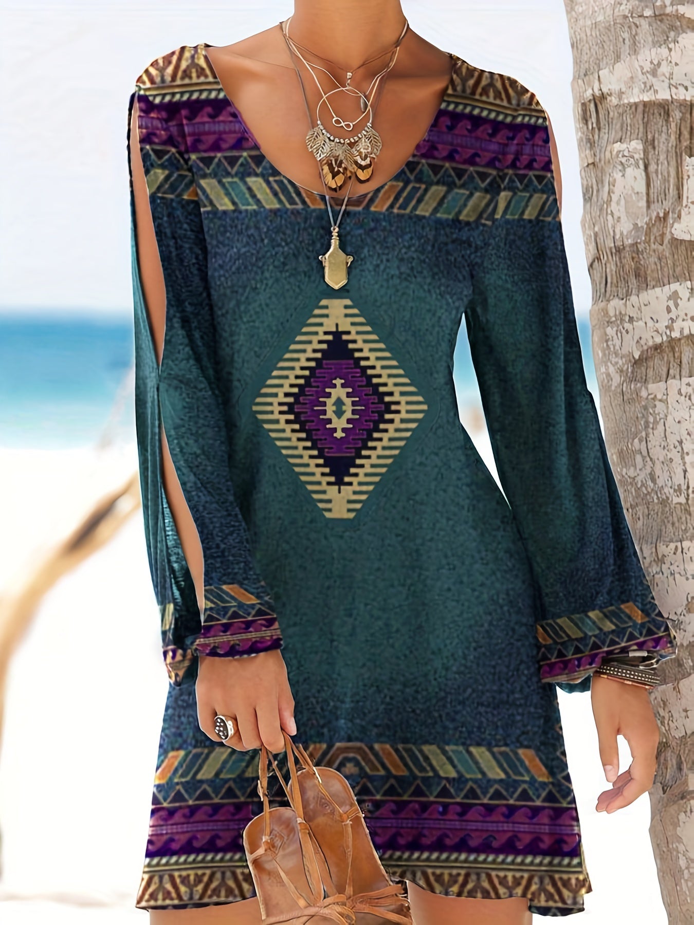 Aztec Print Ethnic Split Sleeve Dress, Boho Vintage V Neck Mini Dress, Women's Clothing