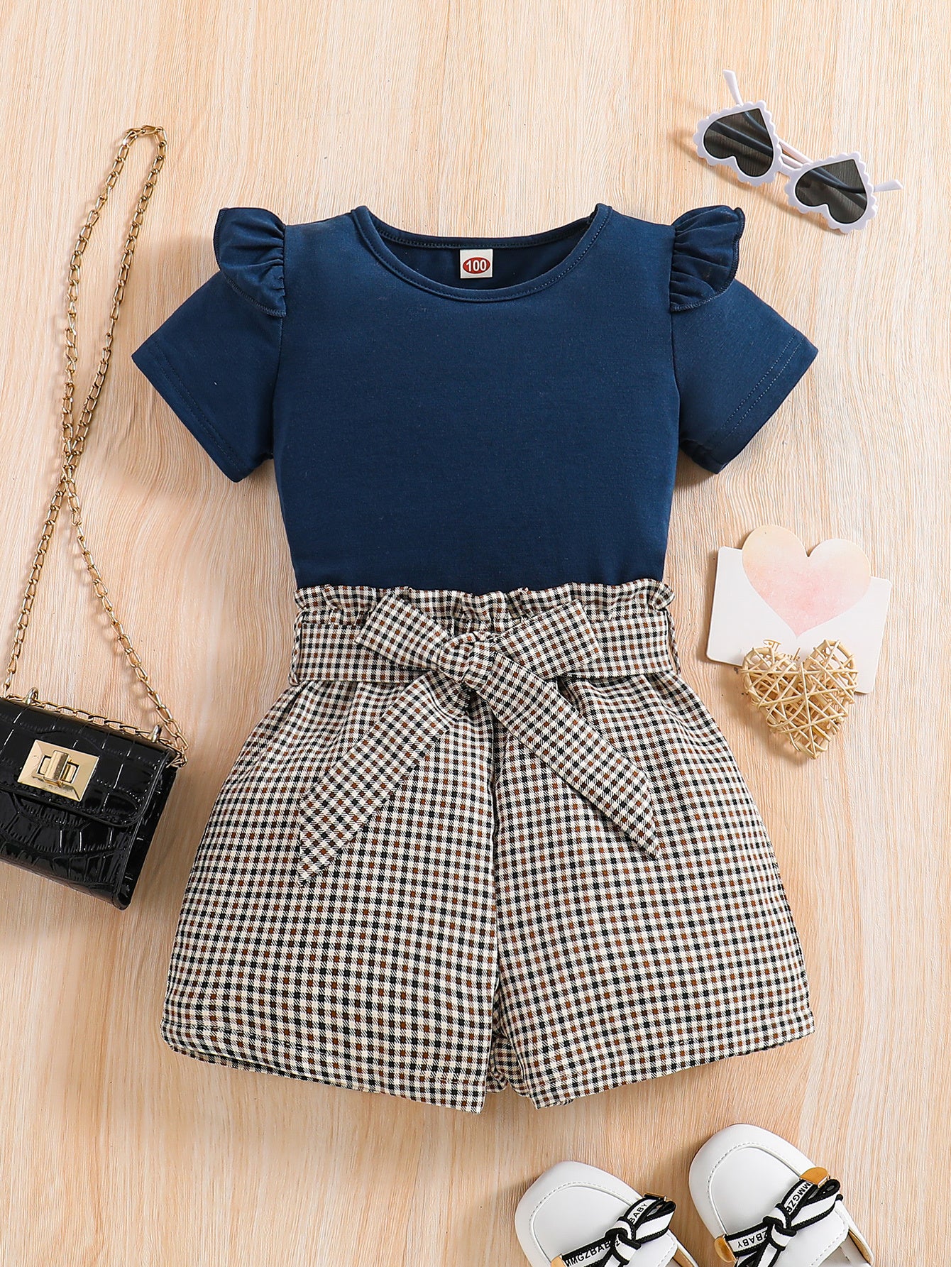 2pcs Girls Round Neck T-Shirt Ruffles Short Sleeves Tee Tops & Belted Plaid Shorts Set Summer Clothes
