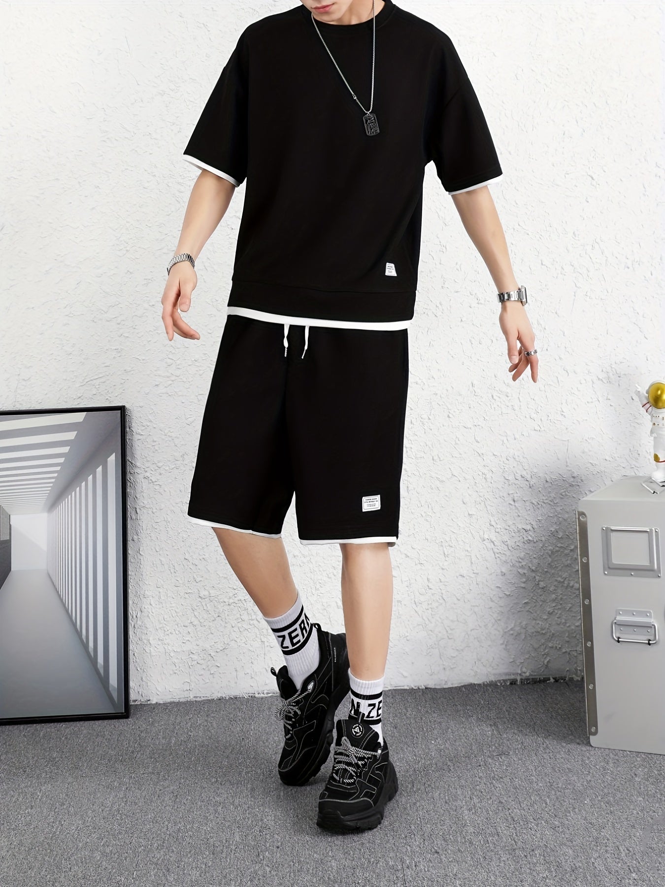 Men's 2 Piece Outfits, Solid Color, Faux Two-Piece Casual Graphic Crew Neck T-shirt And Loose Drawstring Shorts Set, Men’s Clothing