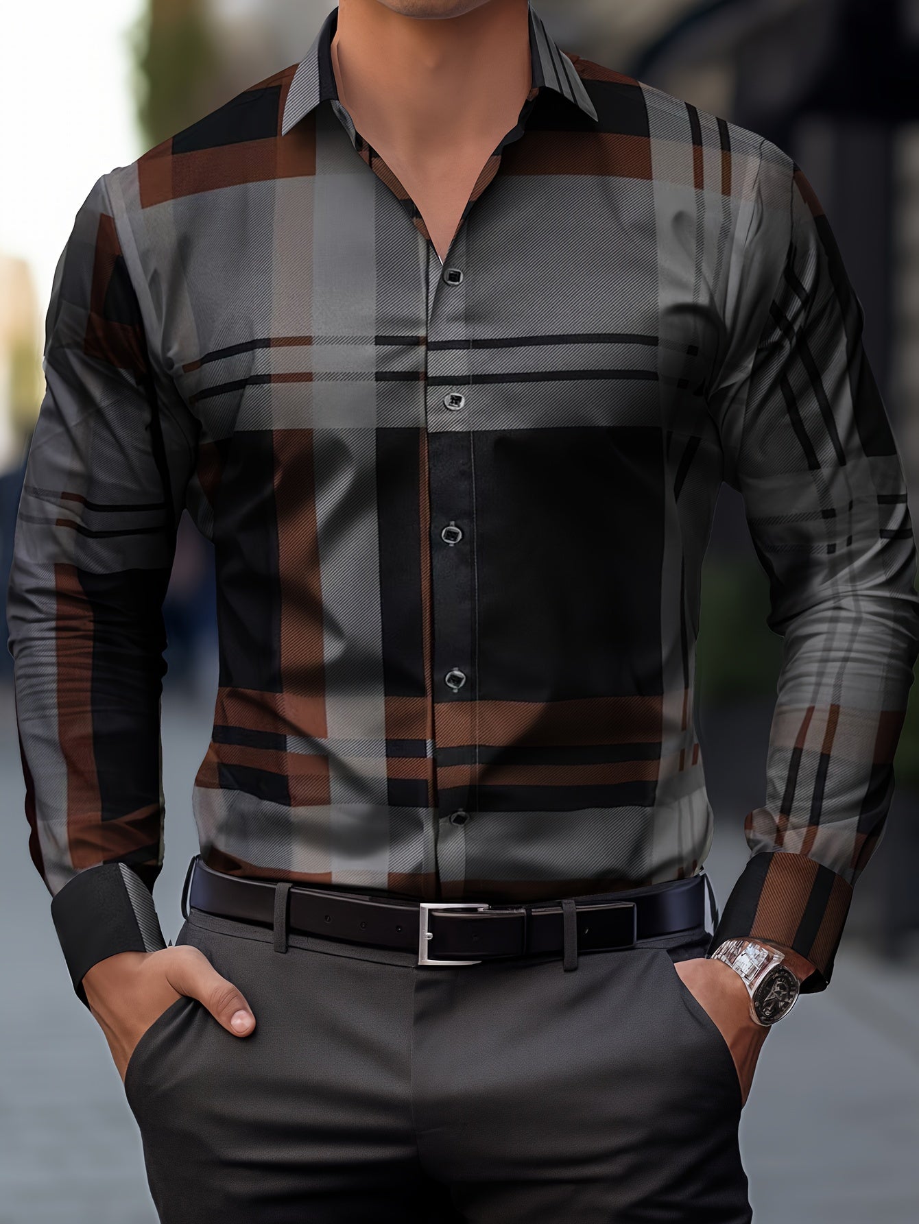 Non-Positional Cut Men's Casual Business Shirt with Plaid Print