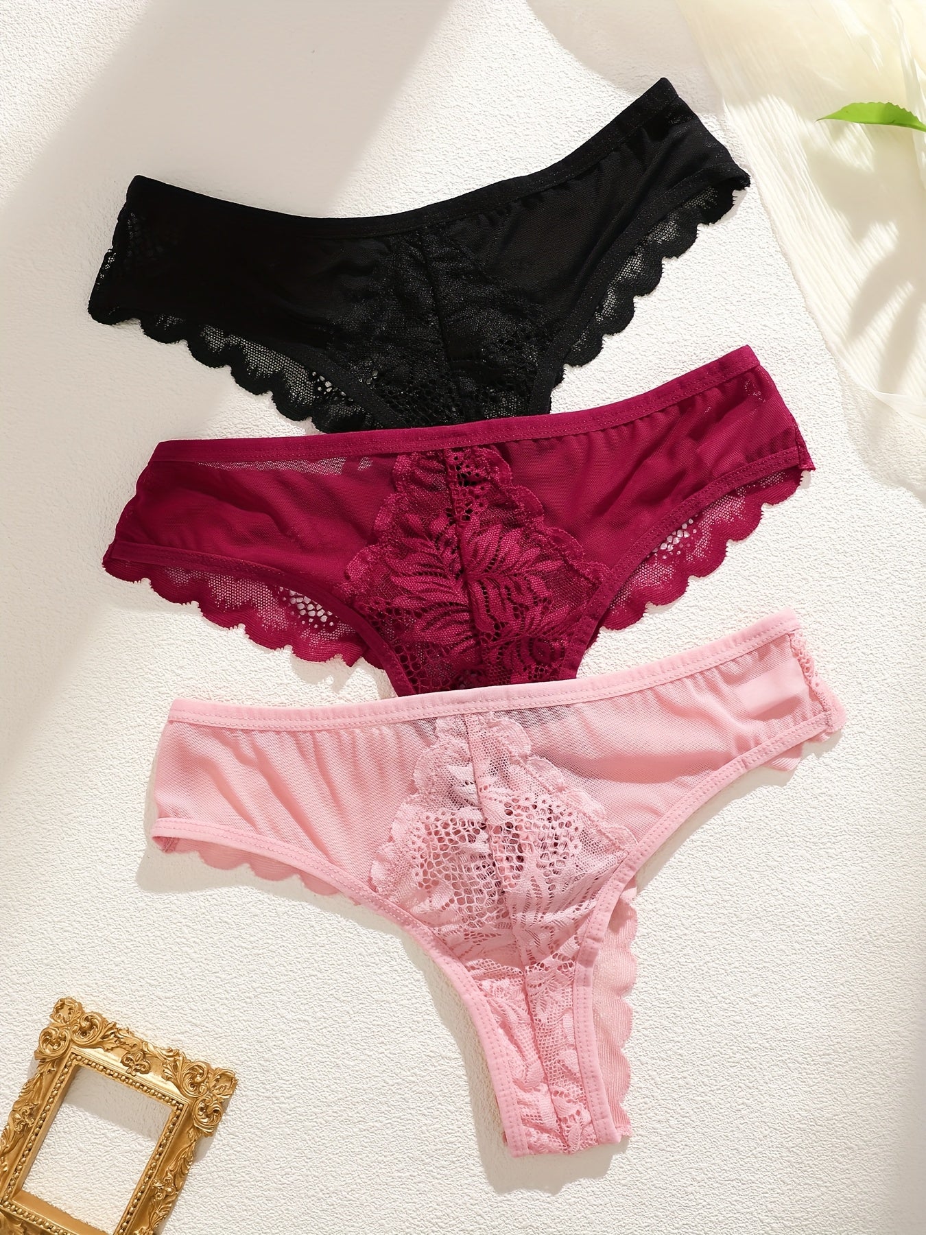 3pcs Women's Lace Trim Sexy Sheer Thong Set, Intimate Wear, Thong Collection, Feminine Lingerie, Elegant Thongs, Soft Lace, Comfortable Fit, Vstring Panties, Lowrise Underwear, Sensual Undergarments, Lingerie Lovers
