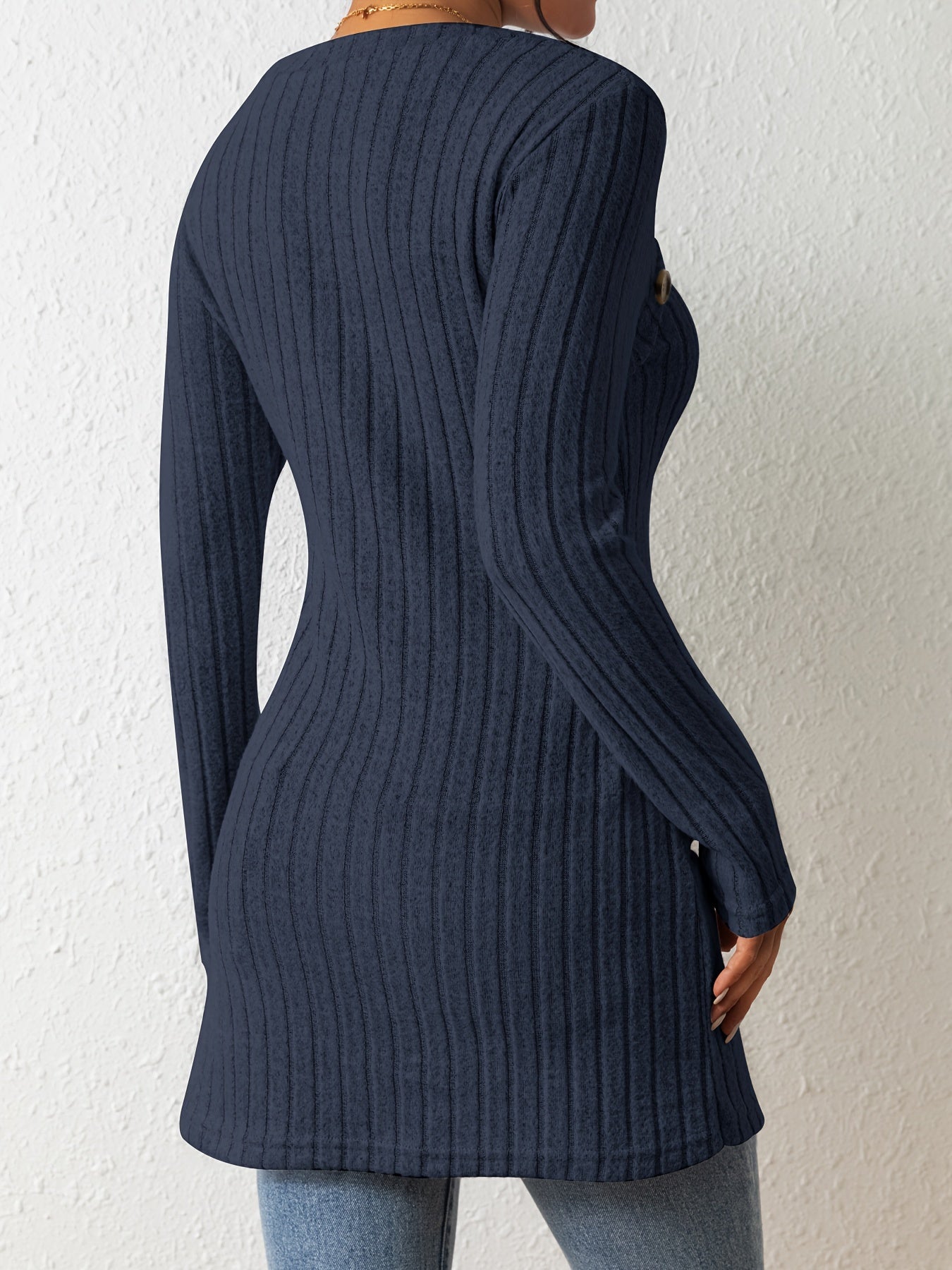 Button Decor Asymmetrical Hem T-Shirt, Casual Ribbed Long Sleeve Top For Spring & Fall, Women's Clothing