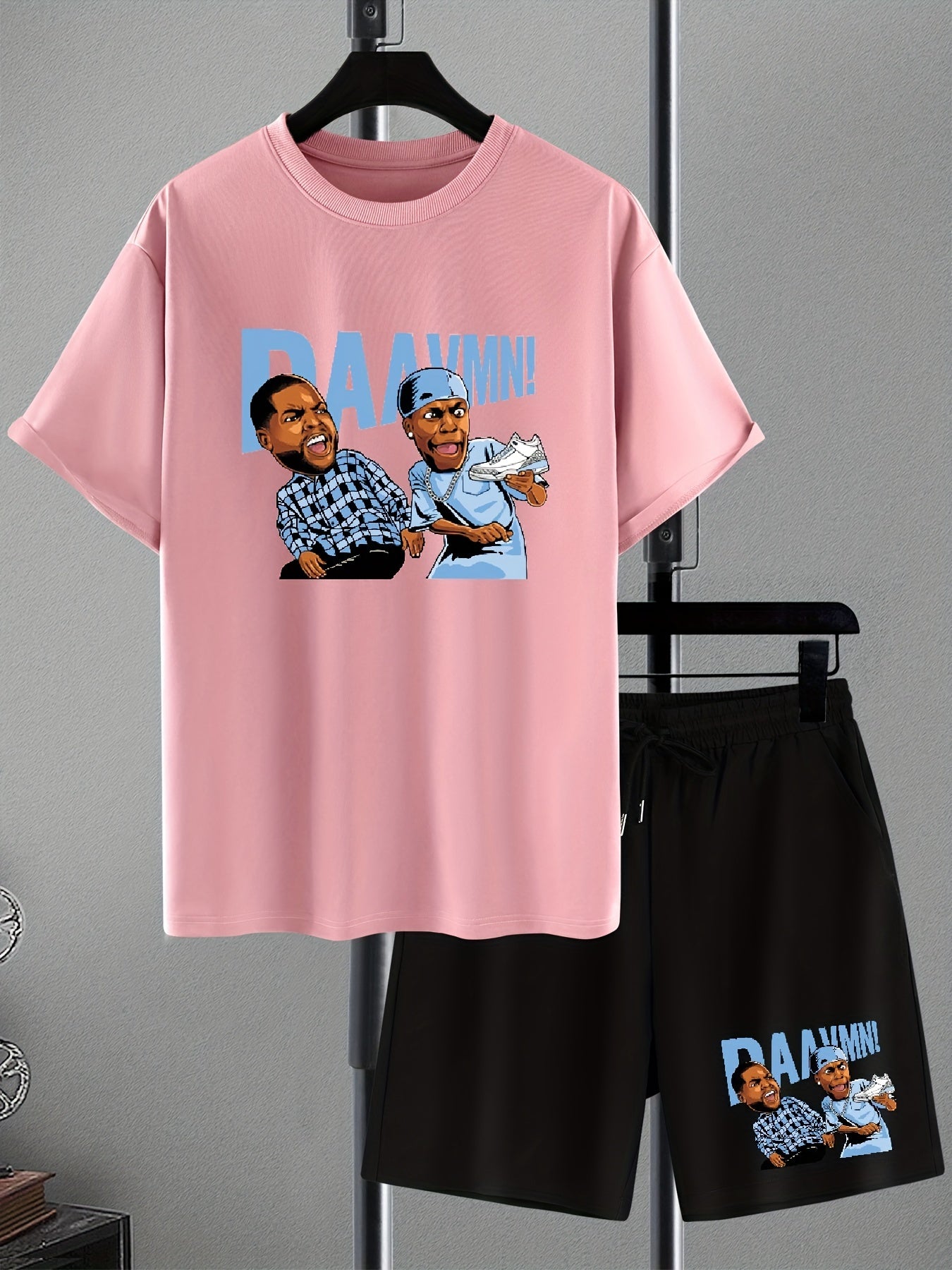 Men's Cartoon Letter Graphic Drop Shoulder Short Sleeve Crew Neck T-shirt & Drawstring Pockets Shorts Loungewear Set, Casual Fashion Skin-friendly And Comfortable Pajama Set, Plus Size