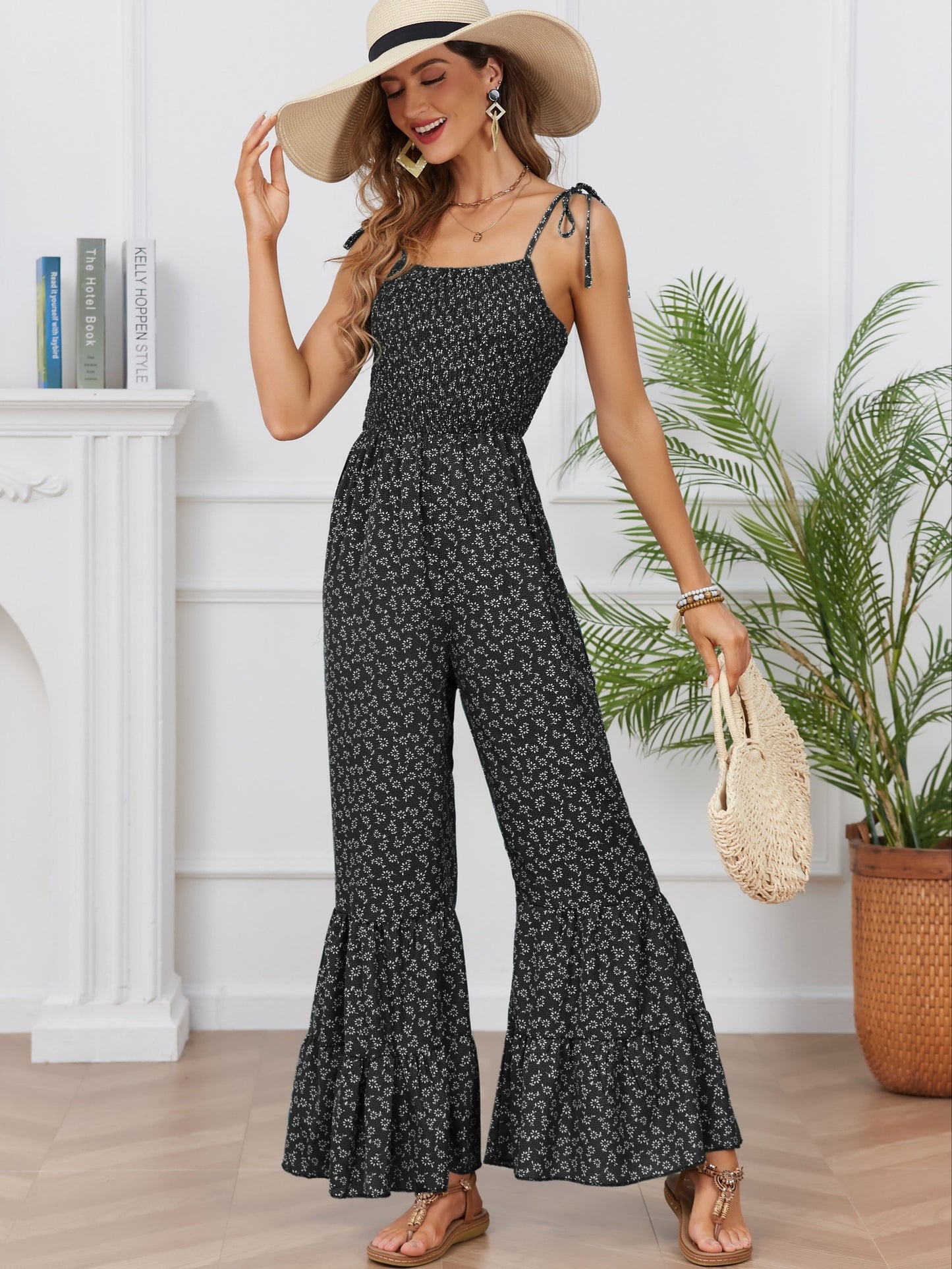 Bohemian Chic Ditsy Floral Print Jumpsuit - Lightweight & Breathable Sleeveless Spaghetti Strap Vacation Wear - Flared Leg Womens Casual Fashion