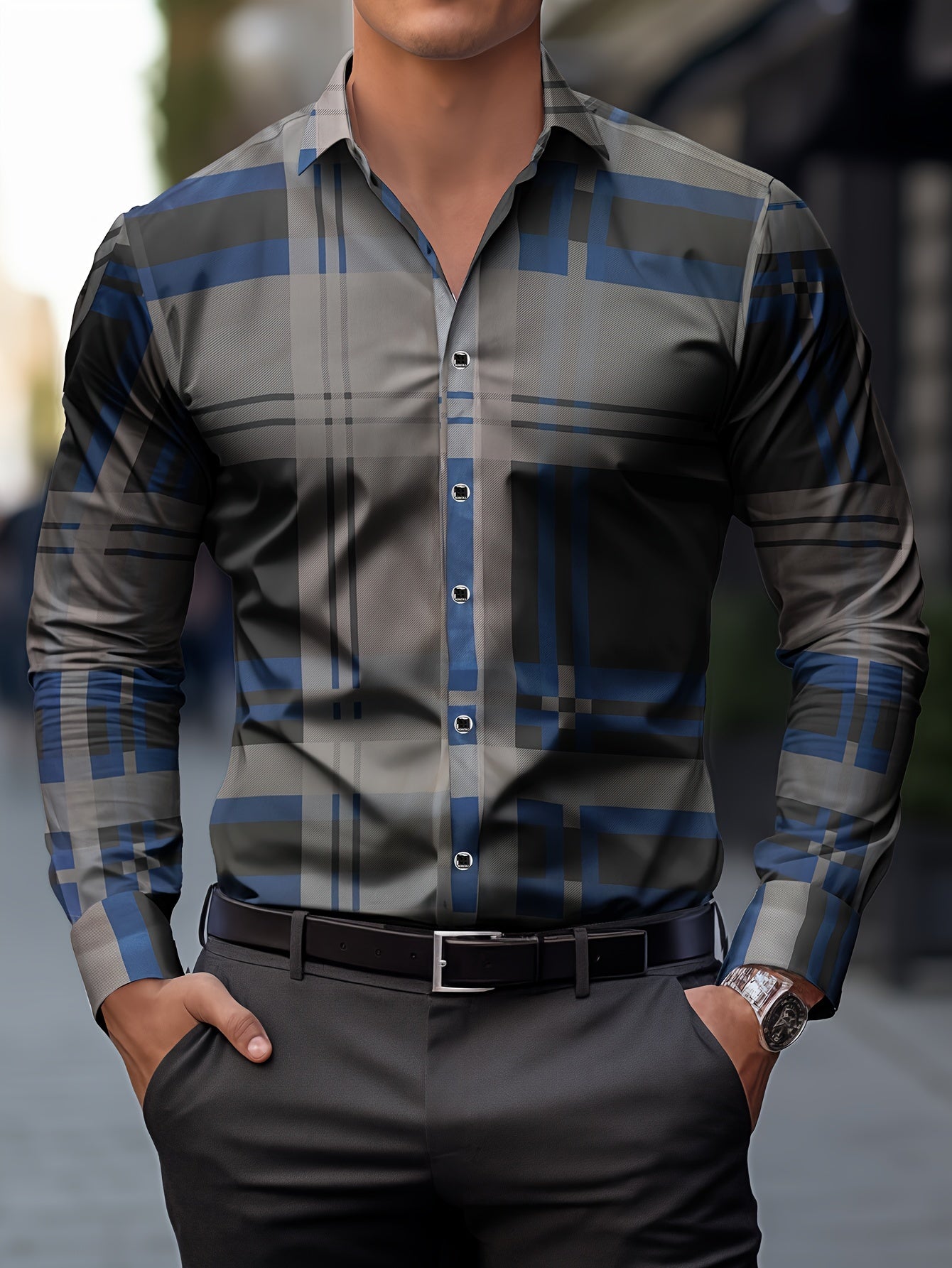 Non-Positional Cut Men's Casual Business Shirt with Plaid Print