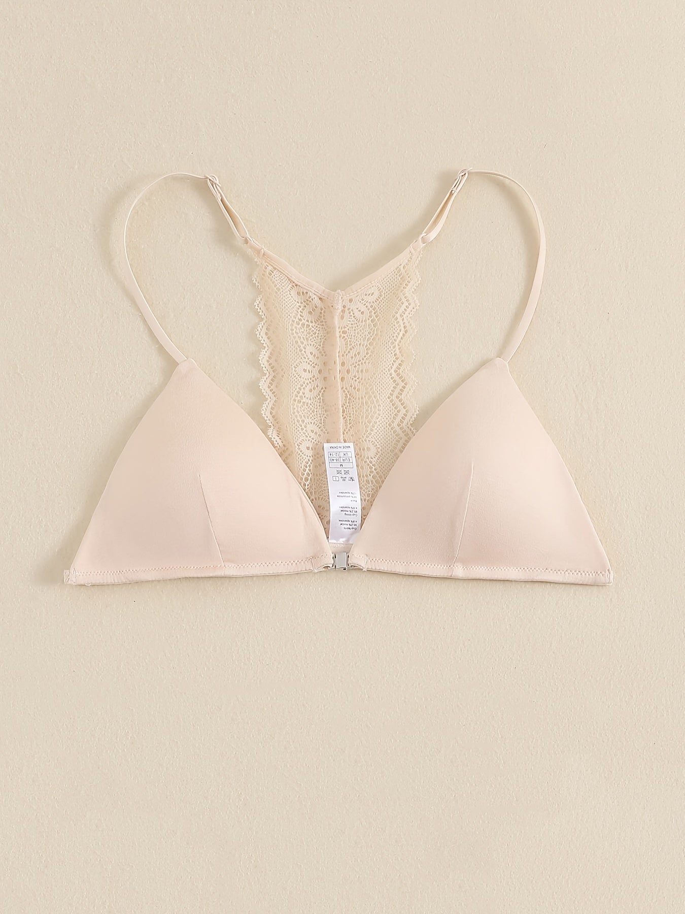 Triangle Cups Front Buckle Bras, Lace Stitching Beauty Back Bra With Removable Pads, Women's Lingerie & Underwear