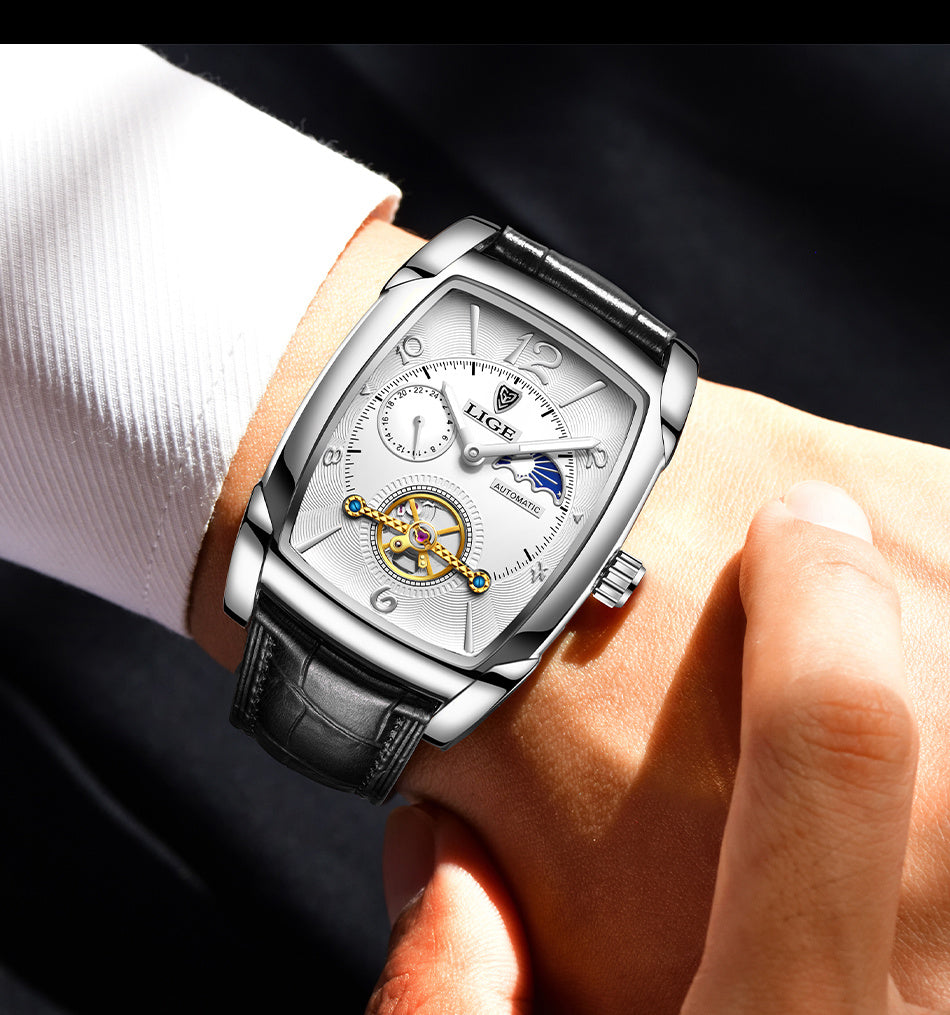 LIGE 2023 Vintage-Inspired Mechanical Men's Watch – Waterproof, Rectangular Leather Timepiece, Perfect Gift
