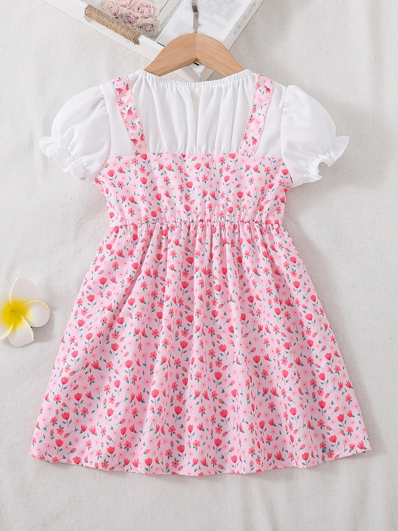 Toddler/ Kid Girls Cute Floral Dress Suit - Short Sleeve Patchwork A-line Dress + Pretty Heart Shaped Bag Set Kids Summer Clothes