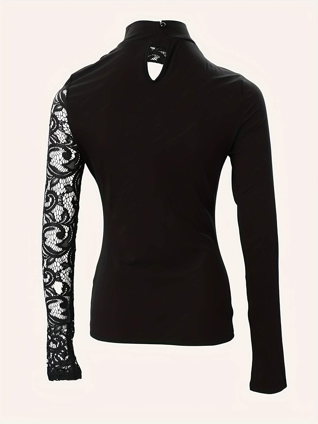 Cutout Lace Stitching T-Shirt, Casual Mock Neck Long Sleeve Top For Spring & Summer, Women's Clothing