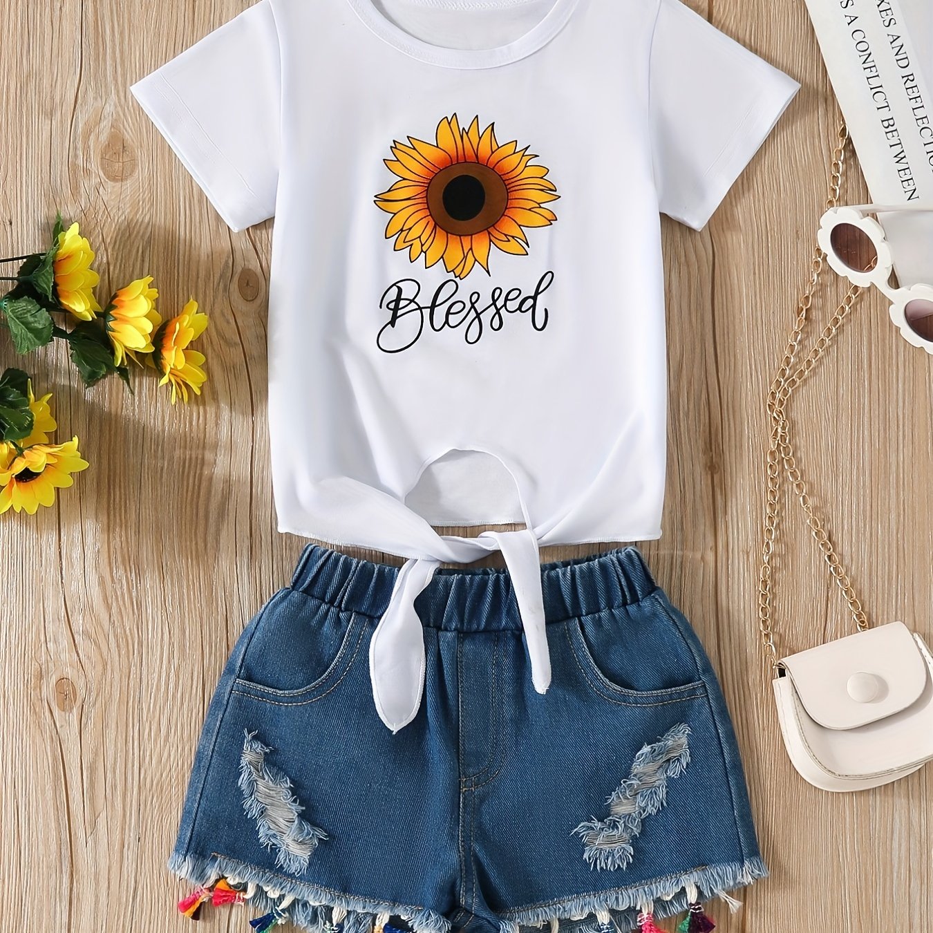 2pcs Comfy Girls Casual Short Sleeve T-shirt & Denim Shorts Set, Sunflower And Letter Graphic Print Summer Kids Outdoor Clothing