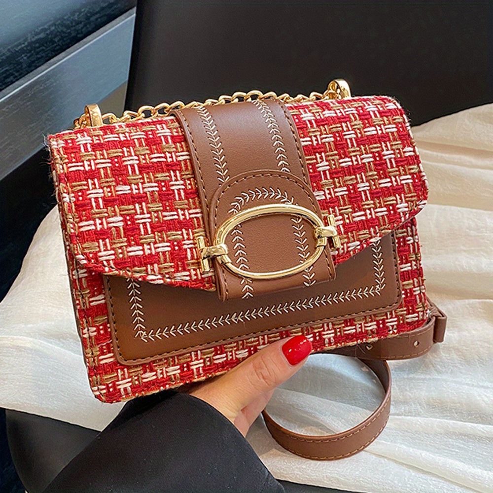 Mini Plaid Pattern Tweed Bag, Buckle Decor Shoulder Square Bag, Chain Crossbody Flap Purse For Everyday