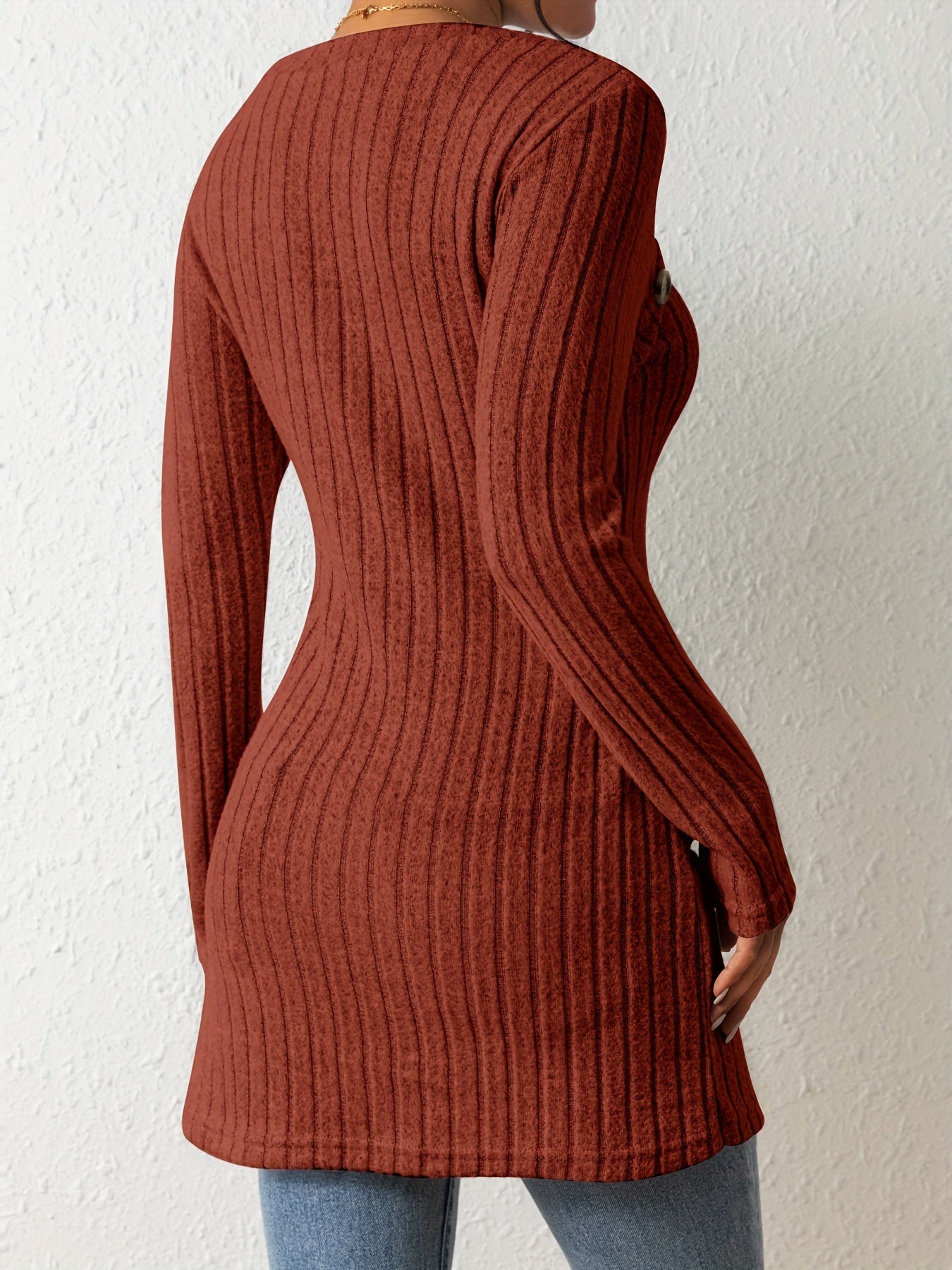 Button Decor Asymmetrical Hem T-Shirt, Casual Ribbed Long Sleeve Top For Spring & Fall, Women's Clothing