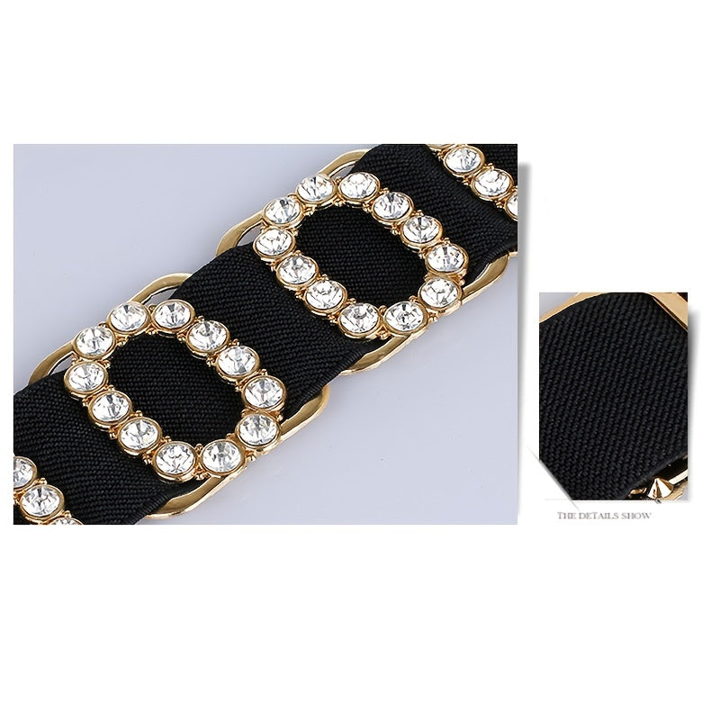Stretchy Elastic Waist Belt for Women - Sparkling Rhinestone Accents, Alphabets, Rivet, Sequins, and Studded Details - Perfect for Party, Wedding, Bohemian, and Business Occasions