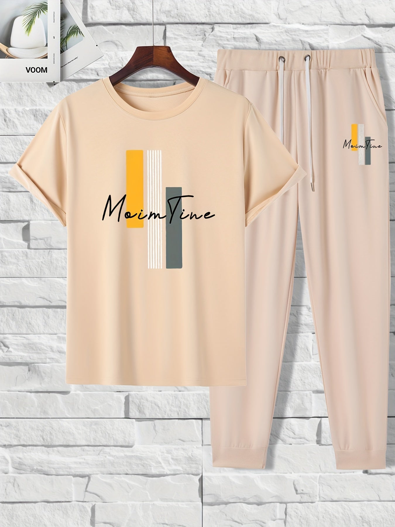 Color Blocks Print, Men's 2 Pieces Outfits, Short Sleeve T-Shirt And Drawstring Trousers Set