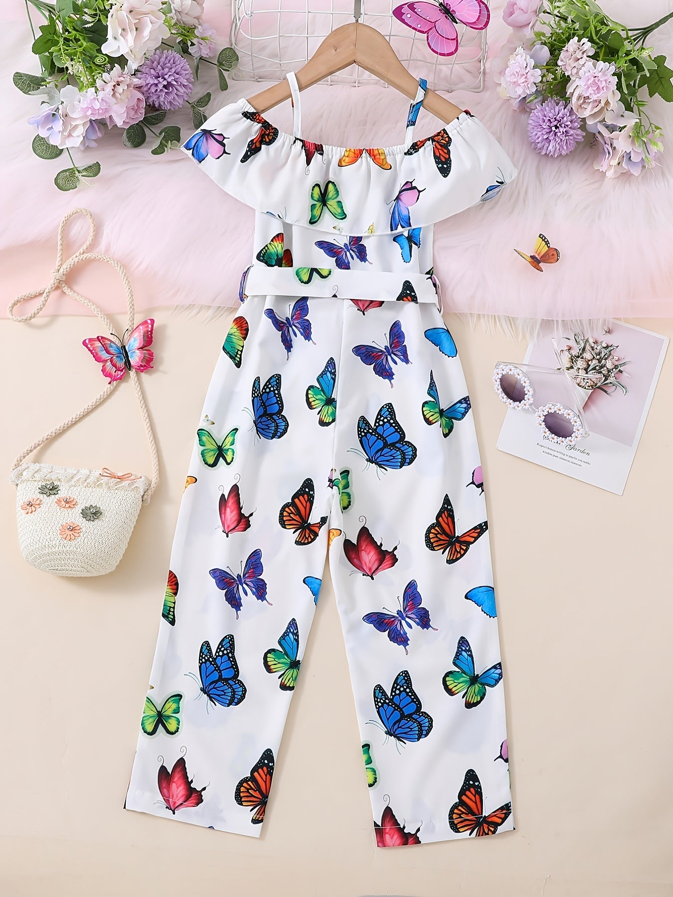 Trendy Girls' Butterfly Romper with Ruffles and Belt - Perfect for Summer!