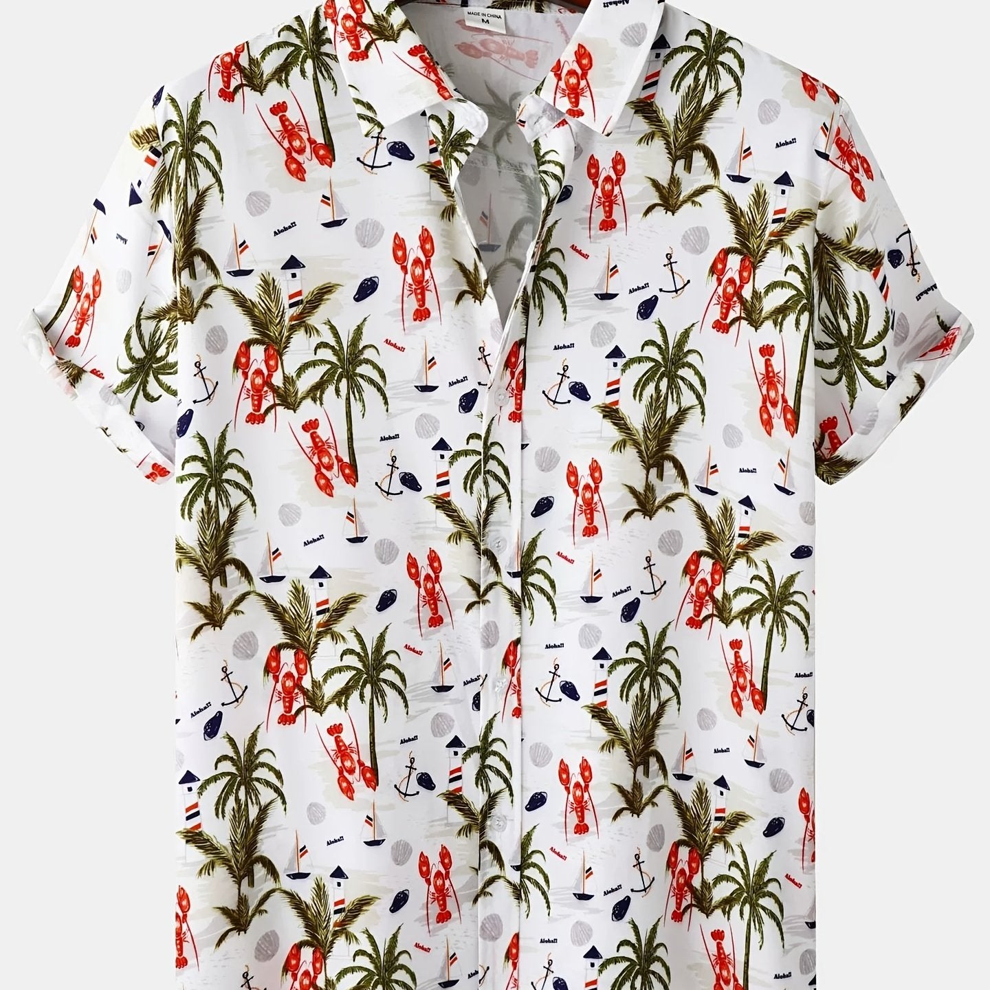 Mens Palm Tree & Lobster Paradise Short Sleeve Hawaiian Shirt - Lightweight, Comfortable, Perfect for Summer Beach Vacations
