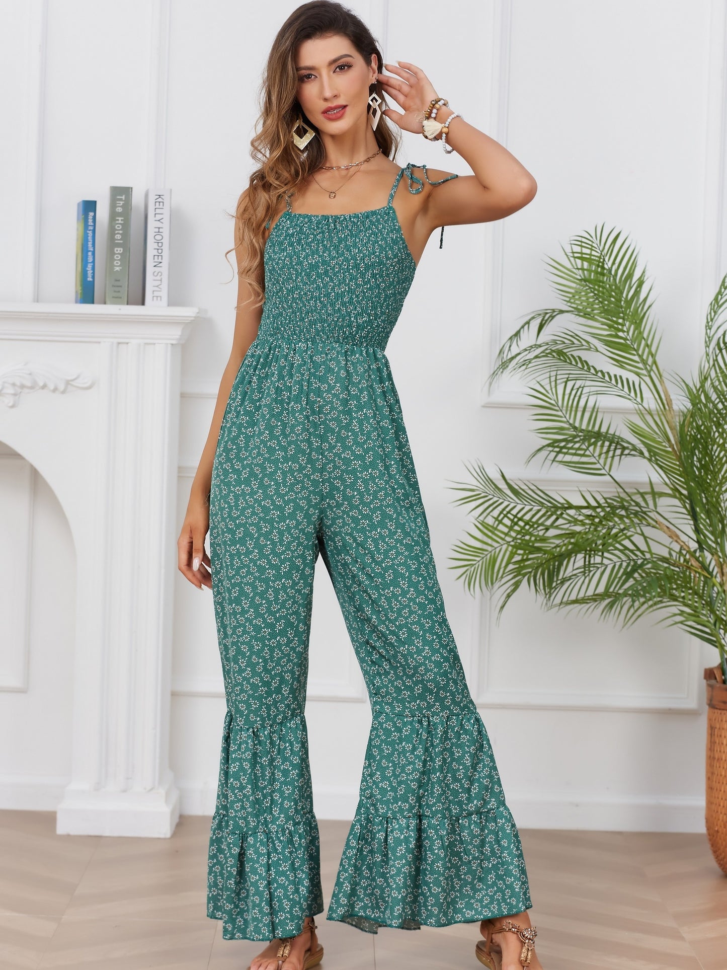 Bohemian Chic Ditsy Floral Print Jumpsuit - Lightweight & Breathable Sleeveless Spaghetti Strap Vacation Wear - Flared Leg Womens Casual Fashion