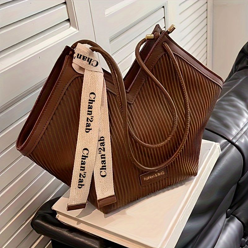 Large-Capacity Faux Leather Tote Bag - Stylish Zipper Closure, Fixed Shoulder Straps, Simple and Spacious Design for Work, Daily Use, and Travel - Durable, Easy-to-Clean, and Trendy Accessory