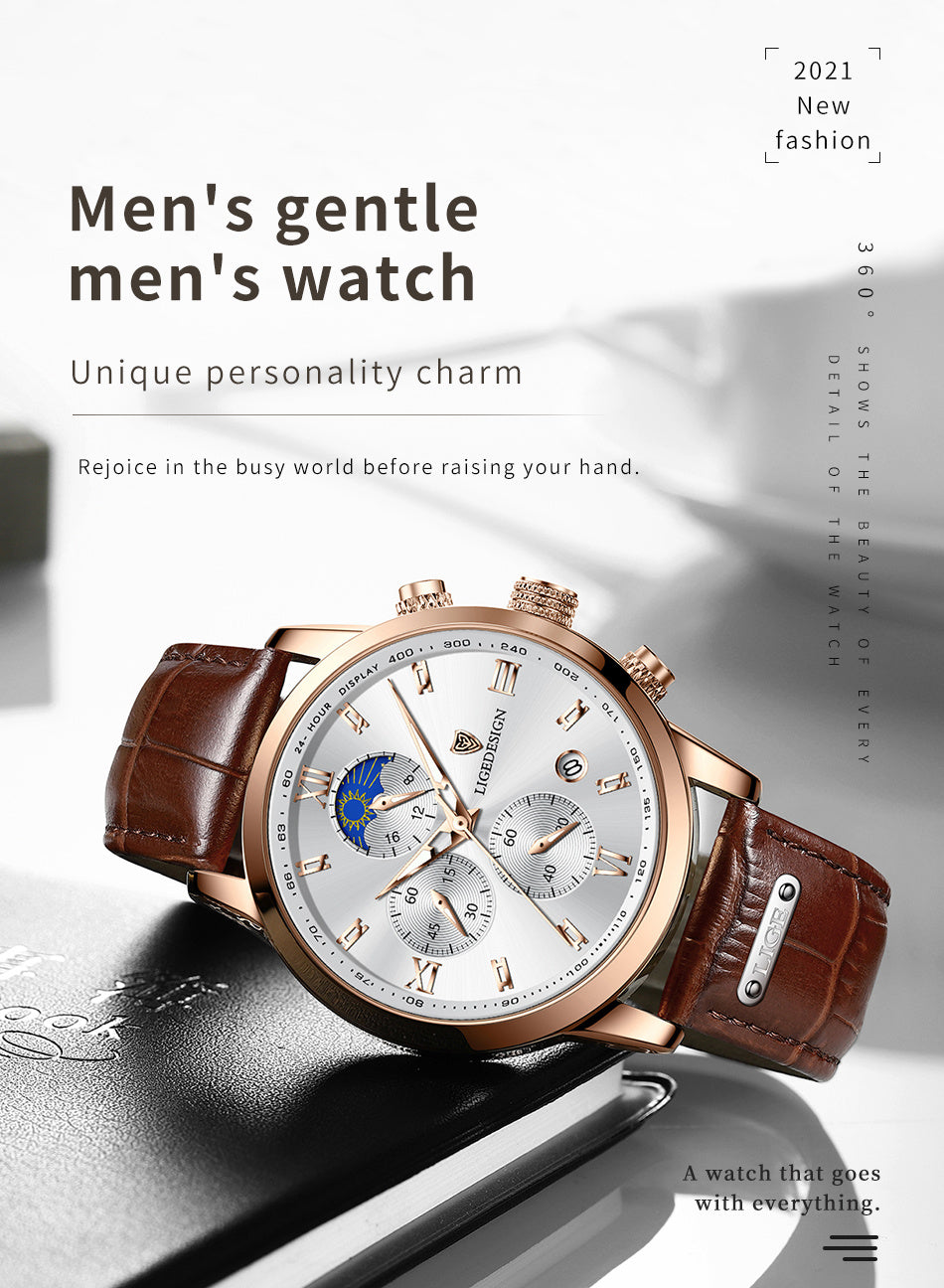 LIGE Men Watch Luxury PU Leather Sport Quartz Wristwatch Chronograph Watch For Men Masculino Men Gift Christmas Gift