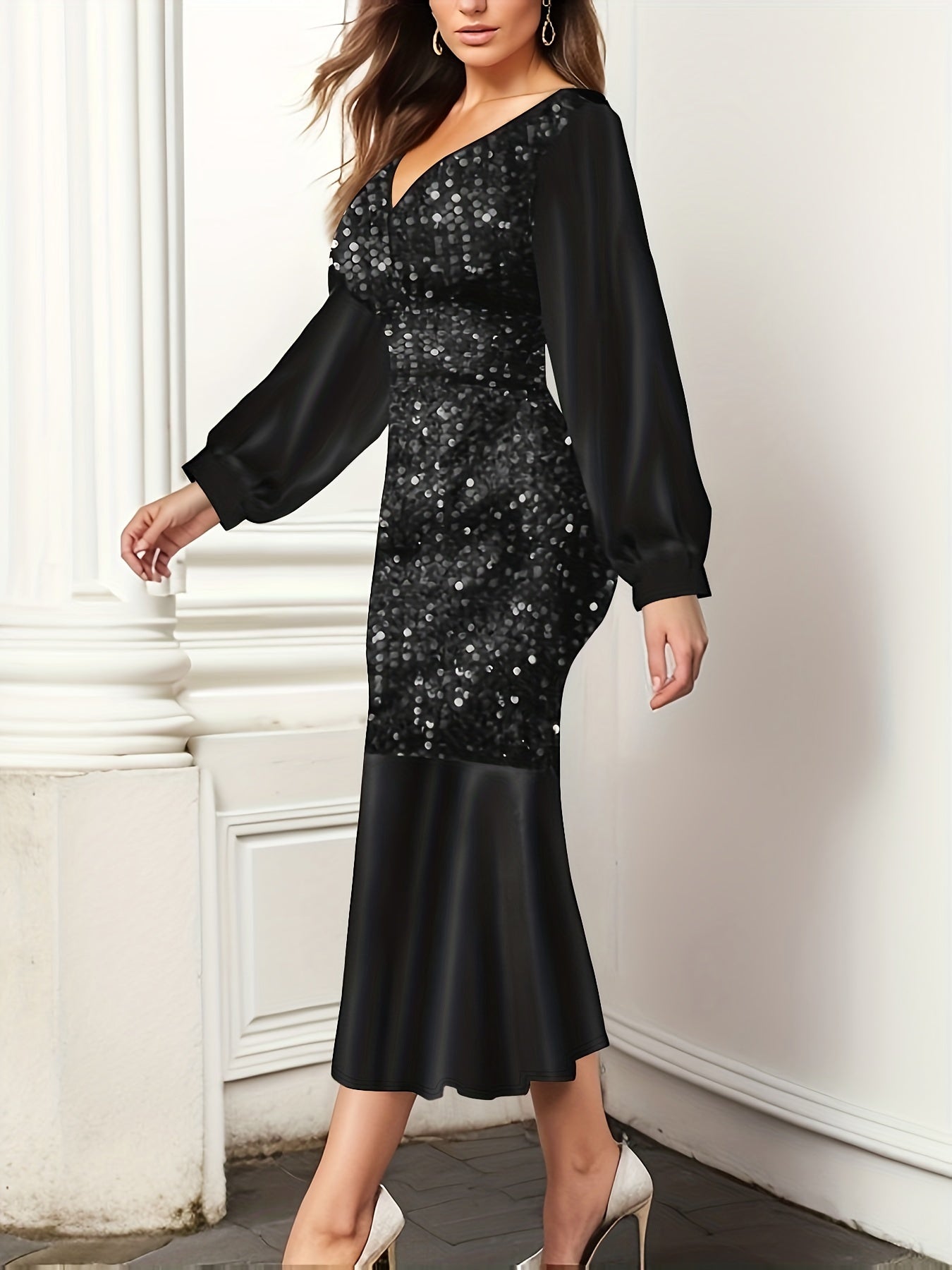 Vibrant Sequined Bodycon Mermaid Hem Dress - Elegant V Neck, Long Sleeve, Polyester, Solid Color, No Elasticity, Perfect for Party & Banquet - Womens Spring/Fall Clothing