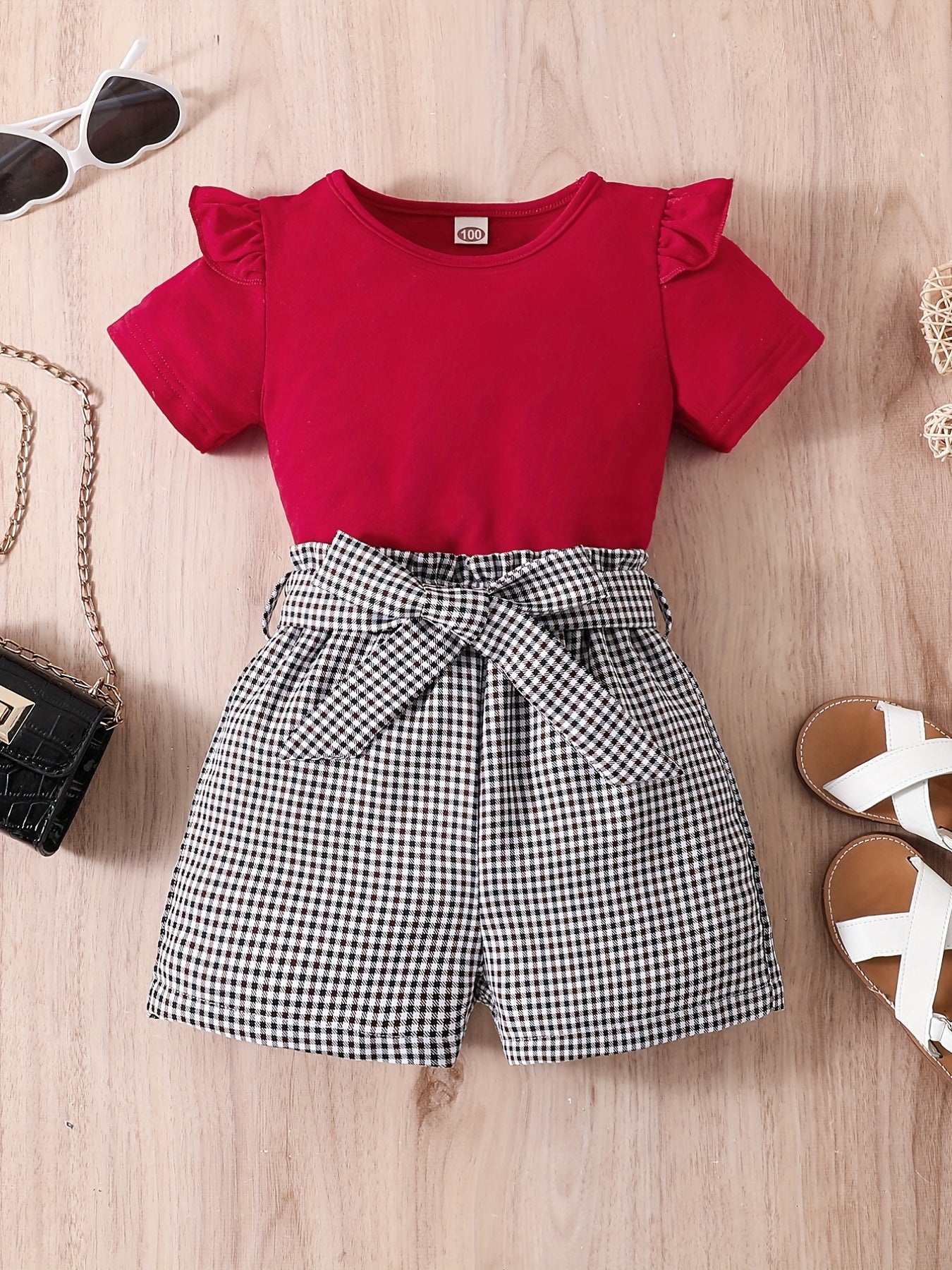 2pcs Girls Round Neck T-Shirt Ruffles Short Sleeves Tee Tops & Belted Plaid Shorts Set Summer Clothes