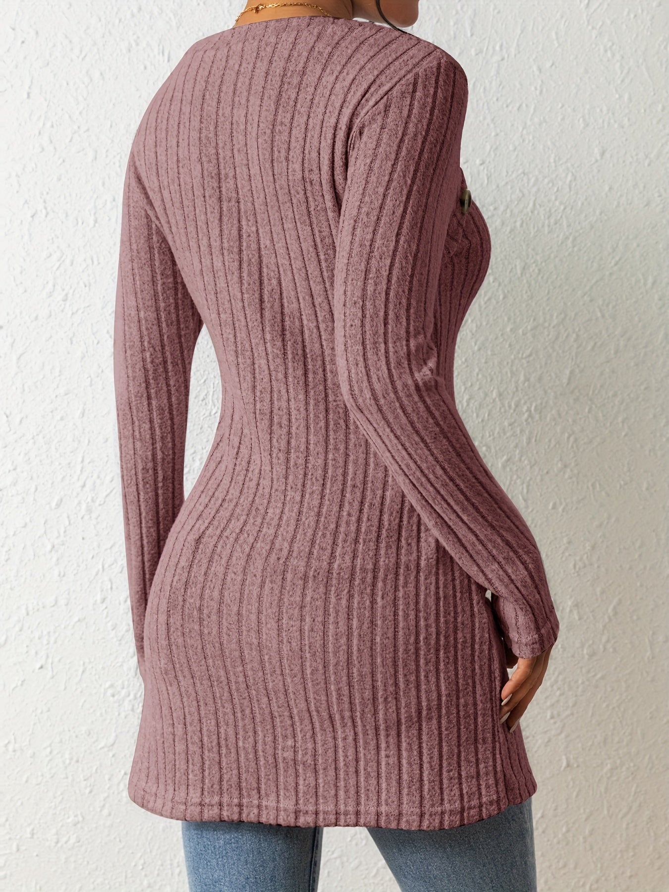 Button Decor Asymmetrical Hem T-Shirt, Casual Ribbed Long Sleeve Top For Spring & Fall, Women's Clothing