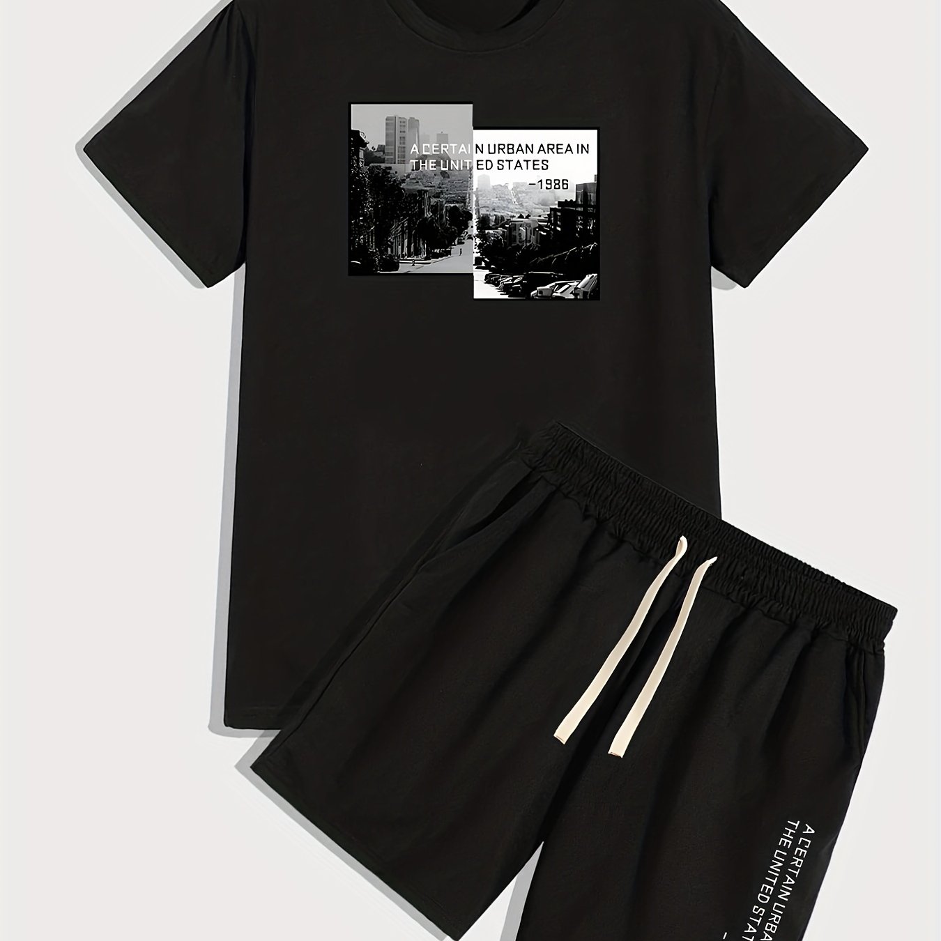 Urban Area, Men's 2pcs, Short Sleeve Round Neck T-Shirt And Drawstring Shorts Set