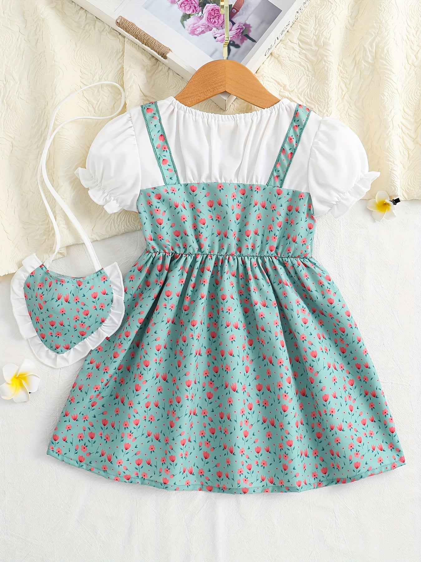 Toddler/ Kid Girls Cute Floral Dress Suit - Short Sleeve Patchwork A-line Dress + Pretty Heart Shaped Bag Set Kids Summer Clothes