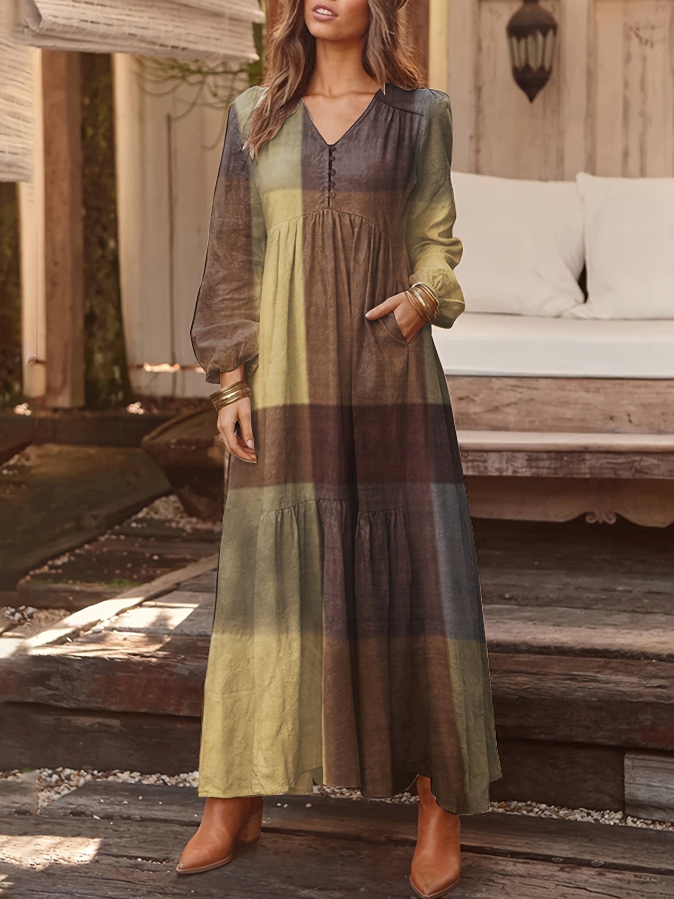 Patchwork Print Loose Dress, Boho V Neck Long Sleeve Dress, Women's Clothing