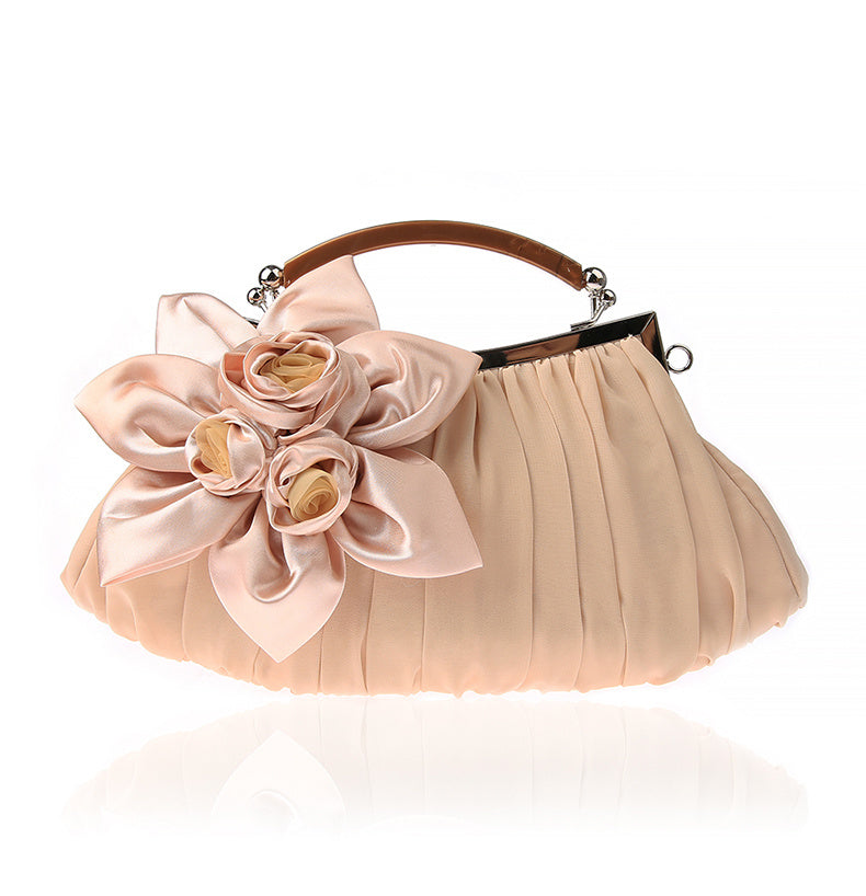 Floral Decor Clutch Bag, Elegant Ruched Detail Handbag, Women's Trendy Chain Shoulder Bag For Party