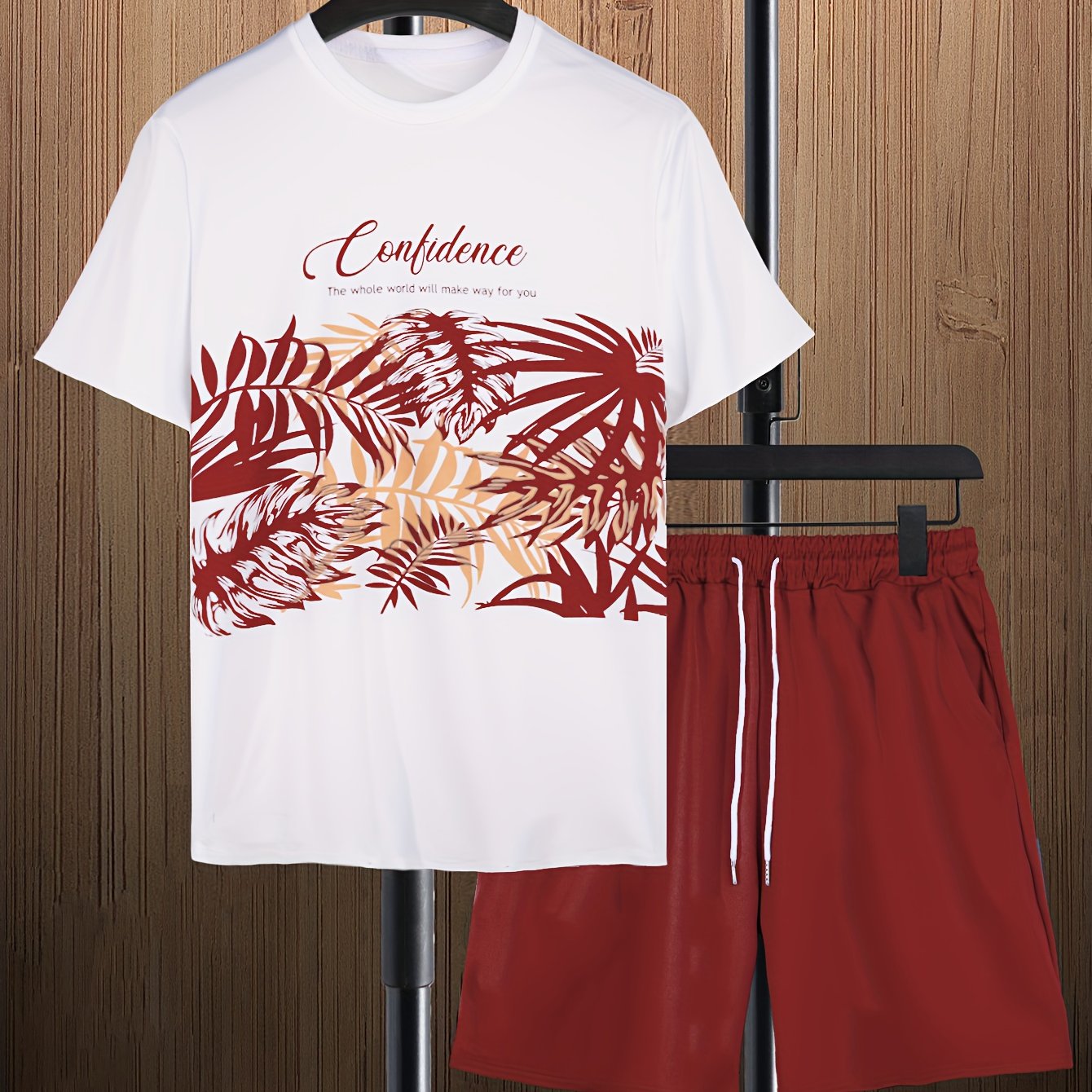 Mens Trendy Leaf Print 2-Piece Outfit - Relaxed Fit T-Shirt & Adjustable Drawstring Shorts - Comfortable Casual Wear