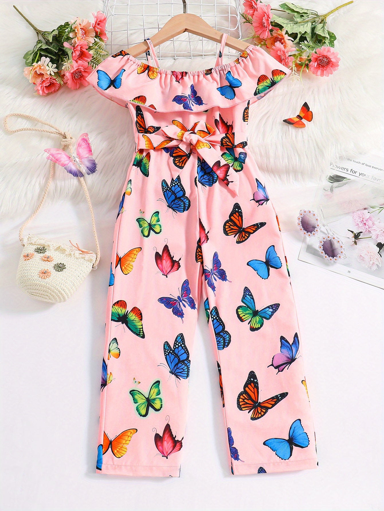 Trendy Girls' Butterfly Romper with Ruffles and Belt - Perfect for Summer!