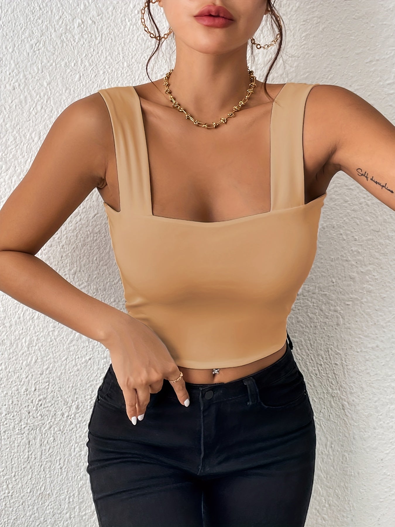 Stretchy Women's Crop Tank Top - Casual Everyday Essential - Soft, Breathable, Sleeveless, Solid Color, Comfortable, Relaxed Fit, Women's Clothing