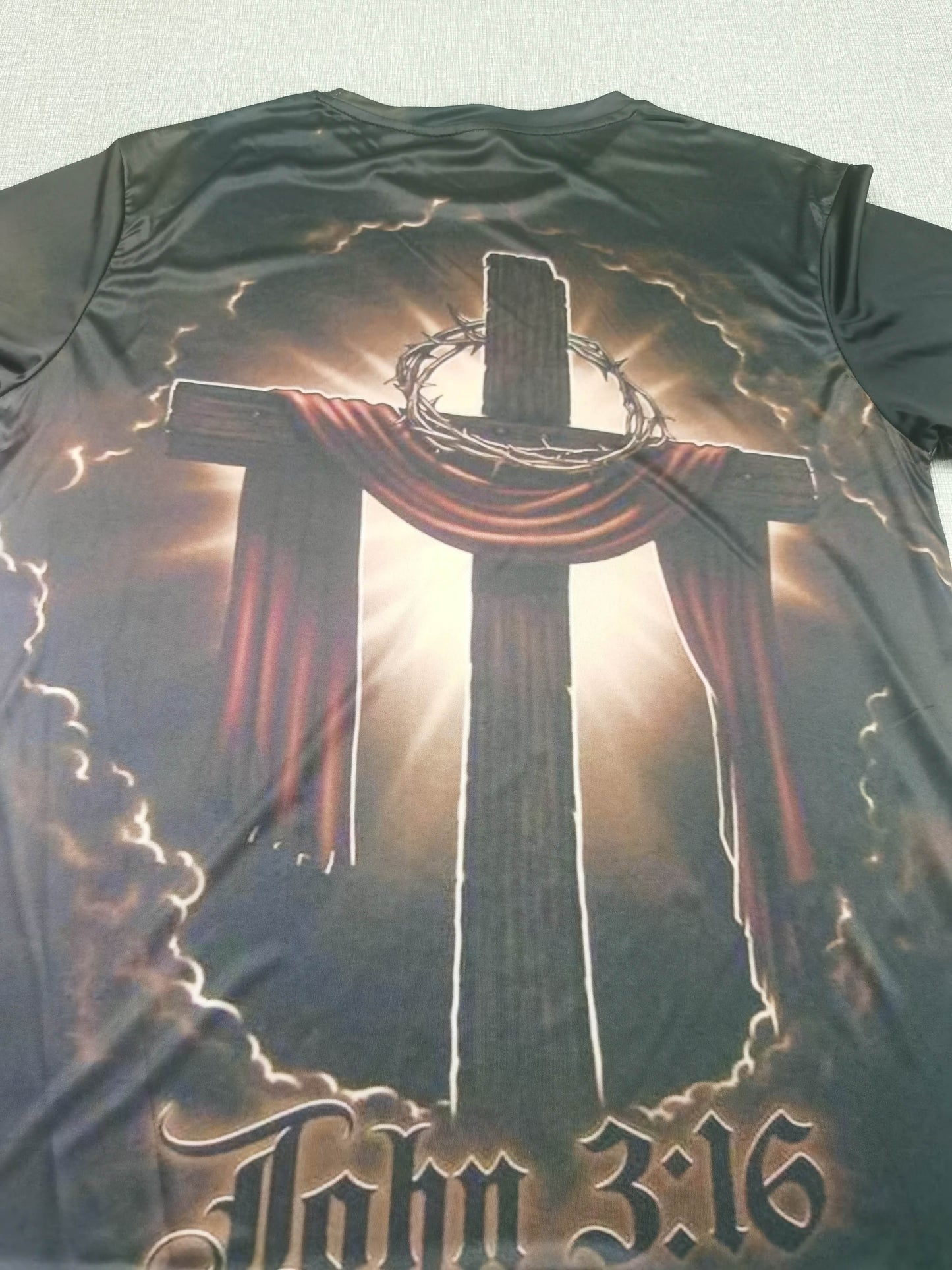 Crucifix Pattern All Over Print T-shirt, Men's Casual Mid Stretch Round Neck T-shirt For Spring Summer