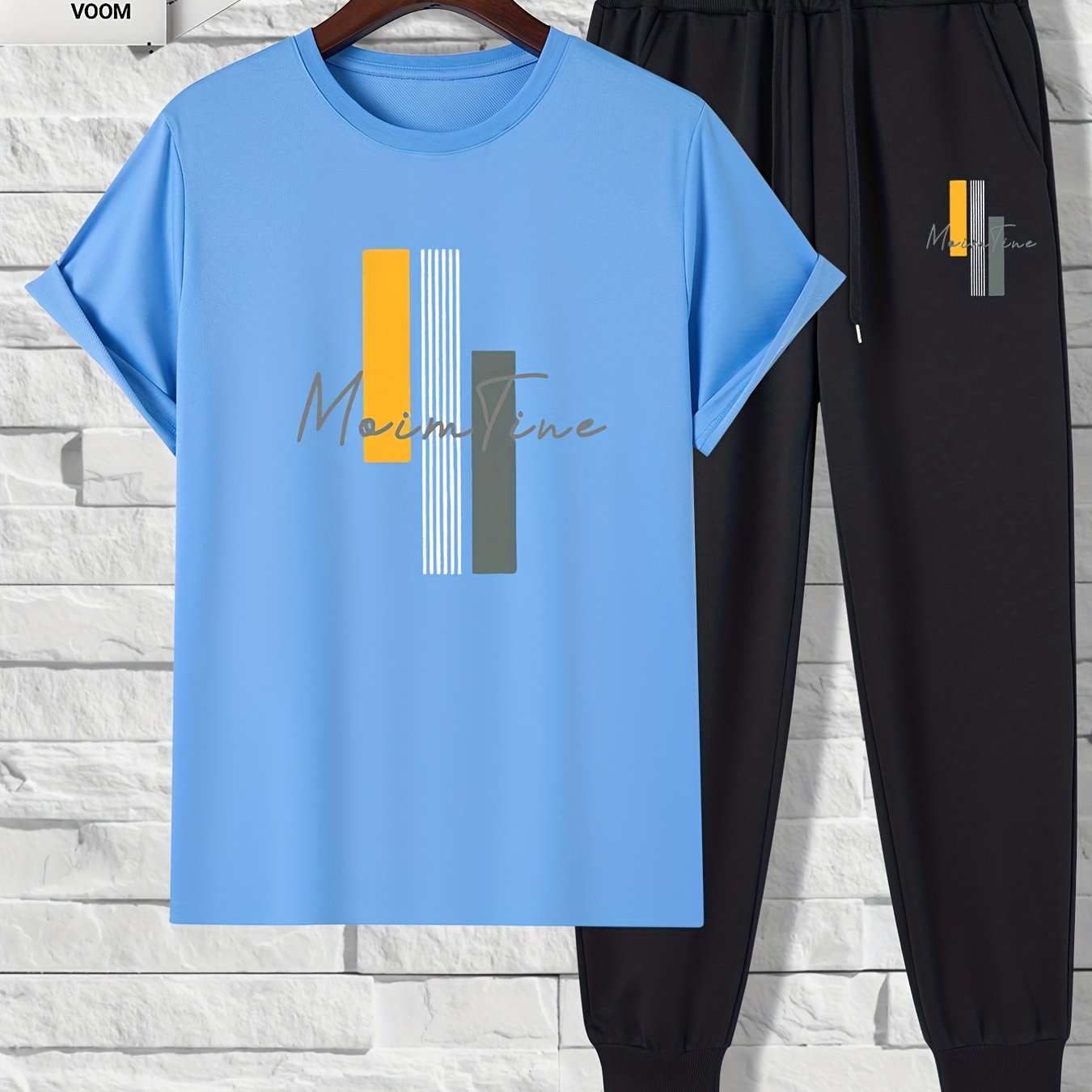Color Blocks Print, Men's 2 Pieces Outfits, Short Sleeve T-Shirt And Drawstring Trousers Set