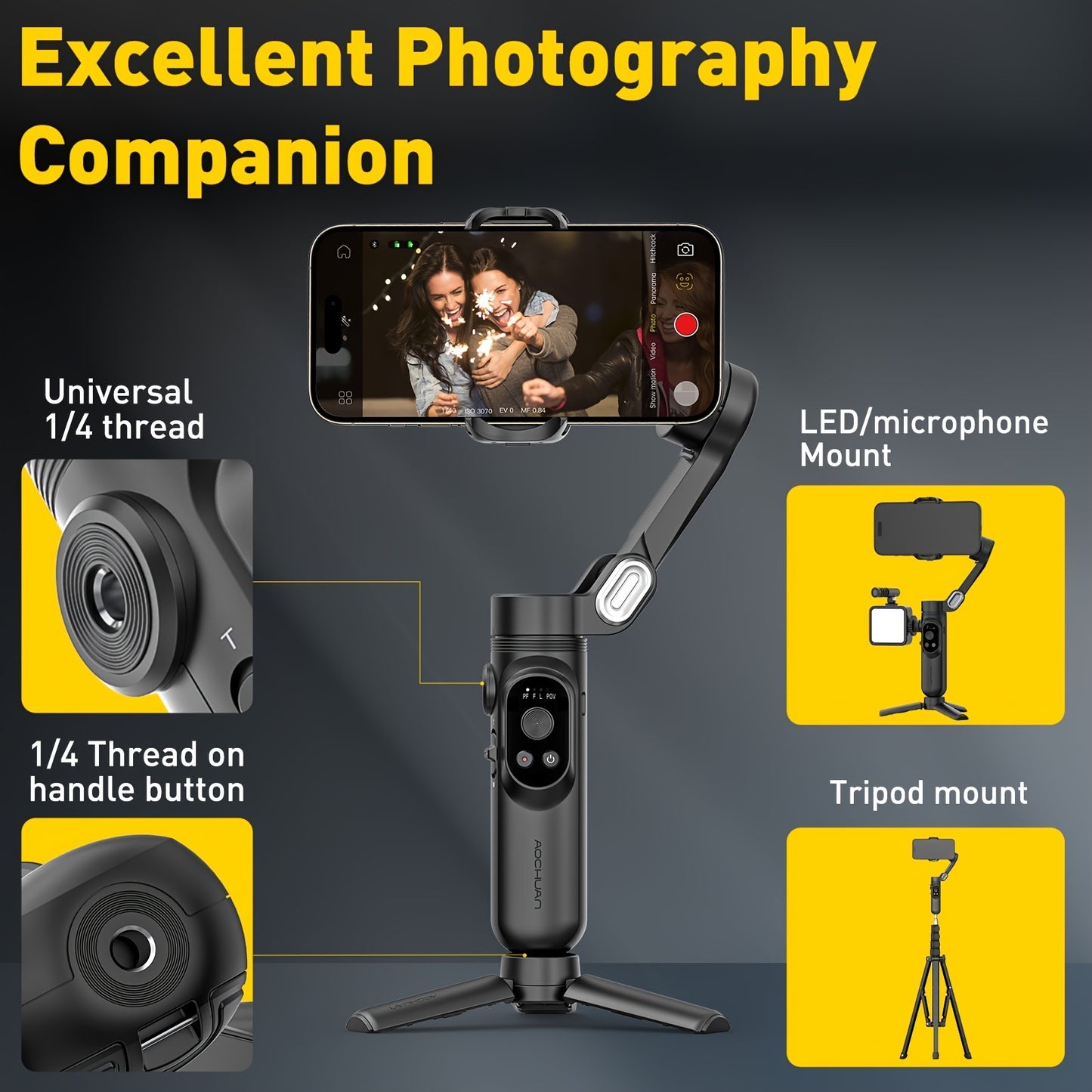 Smart X Pro 3-Axis Foldable Smartphone Gimbal Stabilizer - LED Light, Video Recording, Vlogging Kit for iPhone 15/14/13 Pro Max - Compact, Portable, and Easy to Use