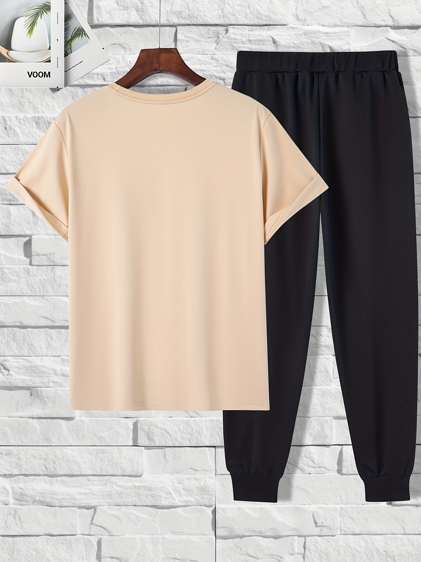 Color Blocks Print, Men's 2 Pieces Outfits, Short Sleeve T-Shirt And Drawstring Trousers Set