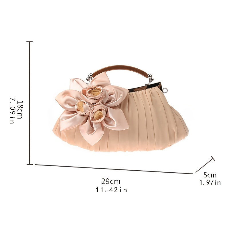 Floral Decor Clutch Bag, Elegant Ruched Detail Handbag, Women's Trendy Chain Shoulder Bag For Party